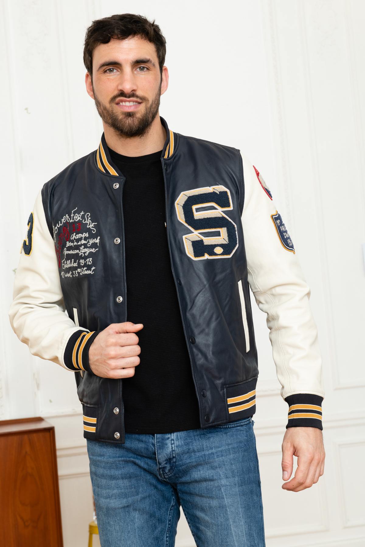 White and navy blue leather varsity teddy - Image n°4