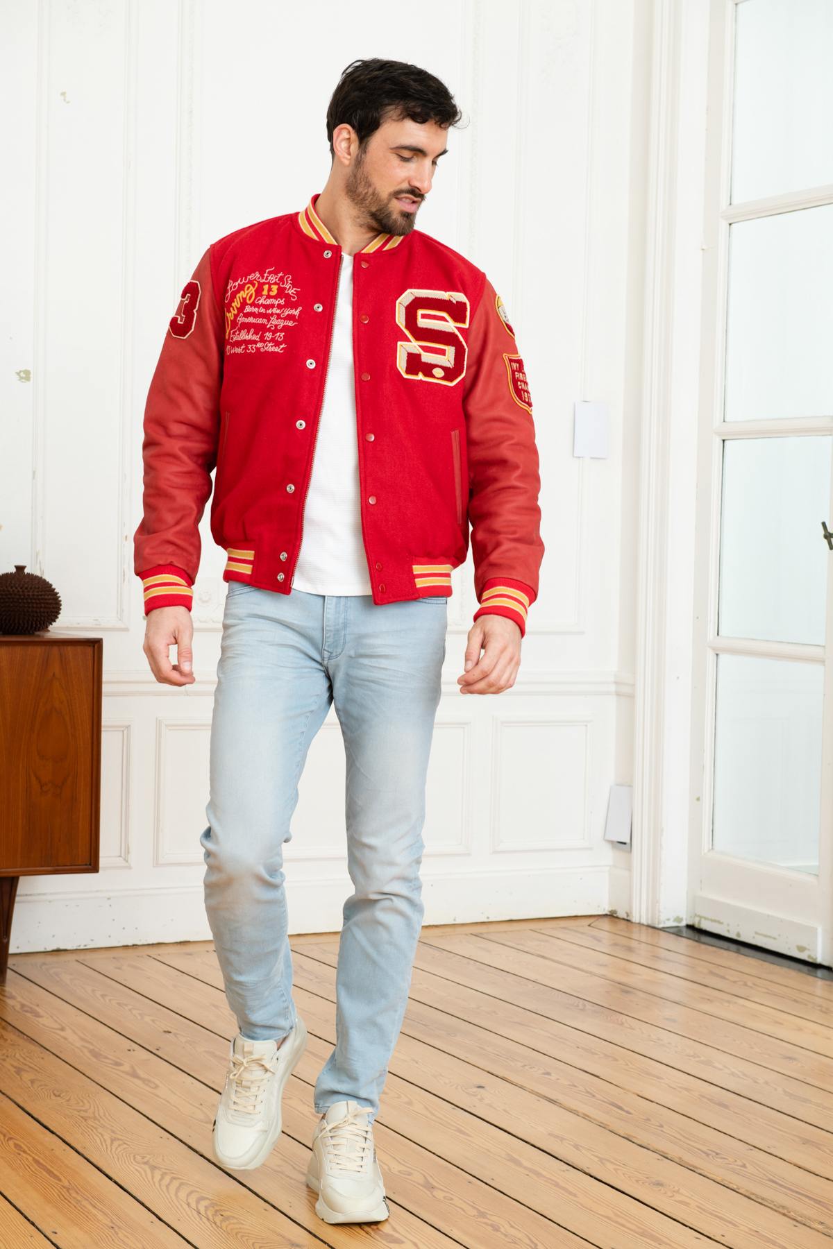 Embroidered red leather varsity teddy - Image n°2