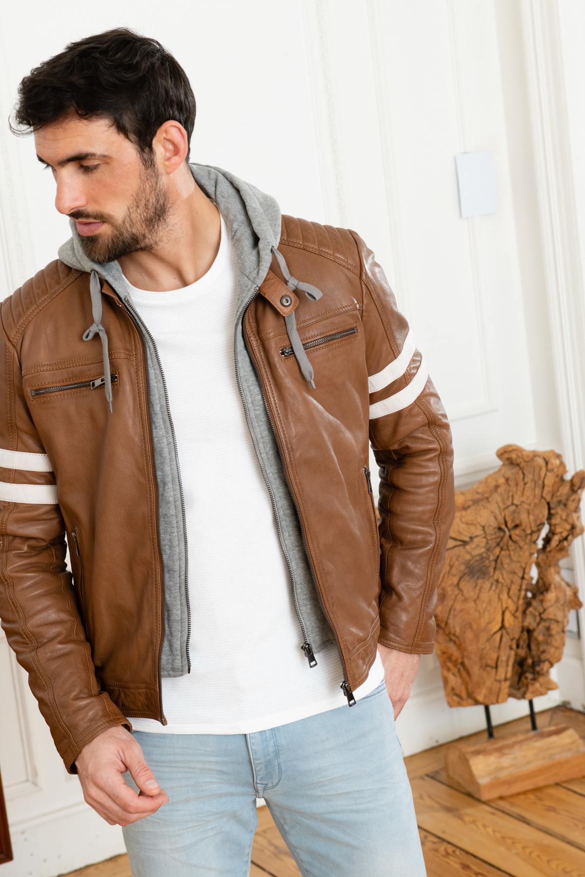 Brown leather jacket with gray cotton facing - Image n°1