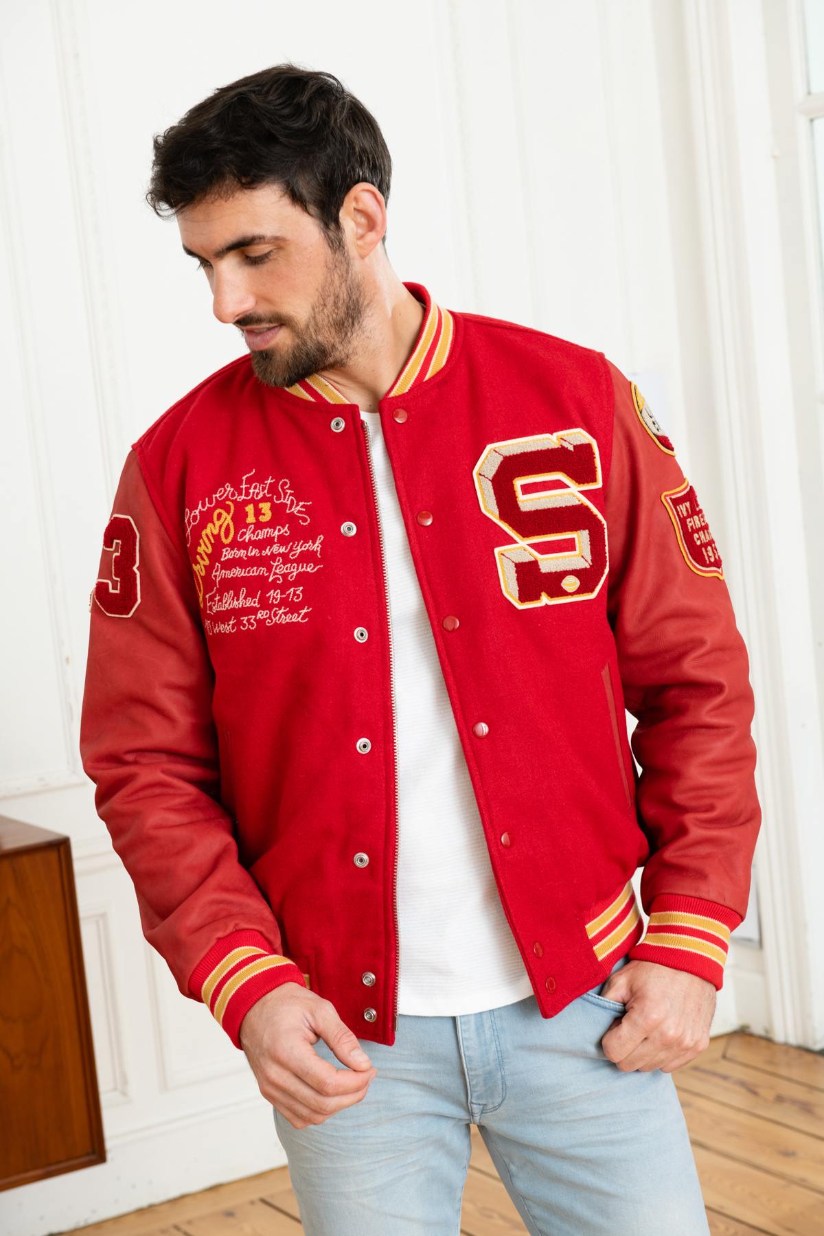 Embroidered red leather varsity teddy - Image n°6