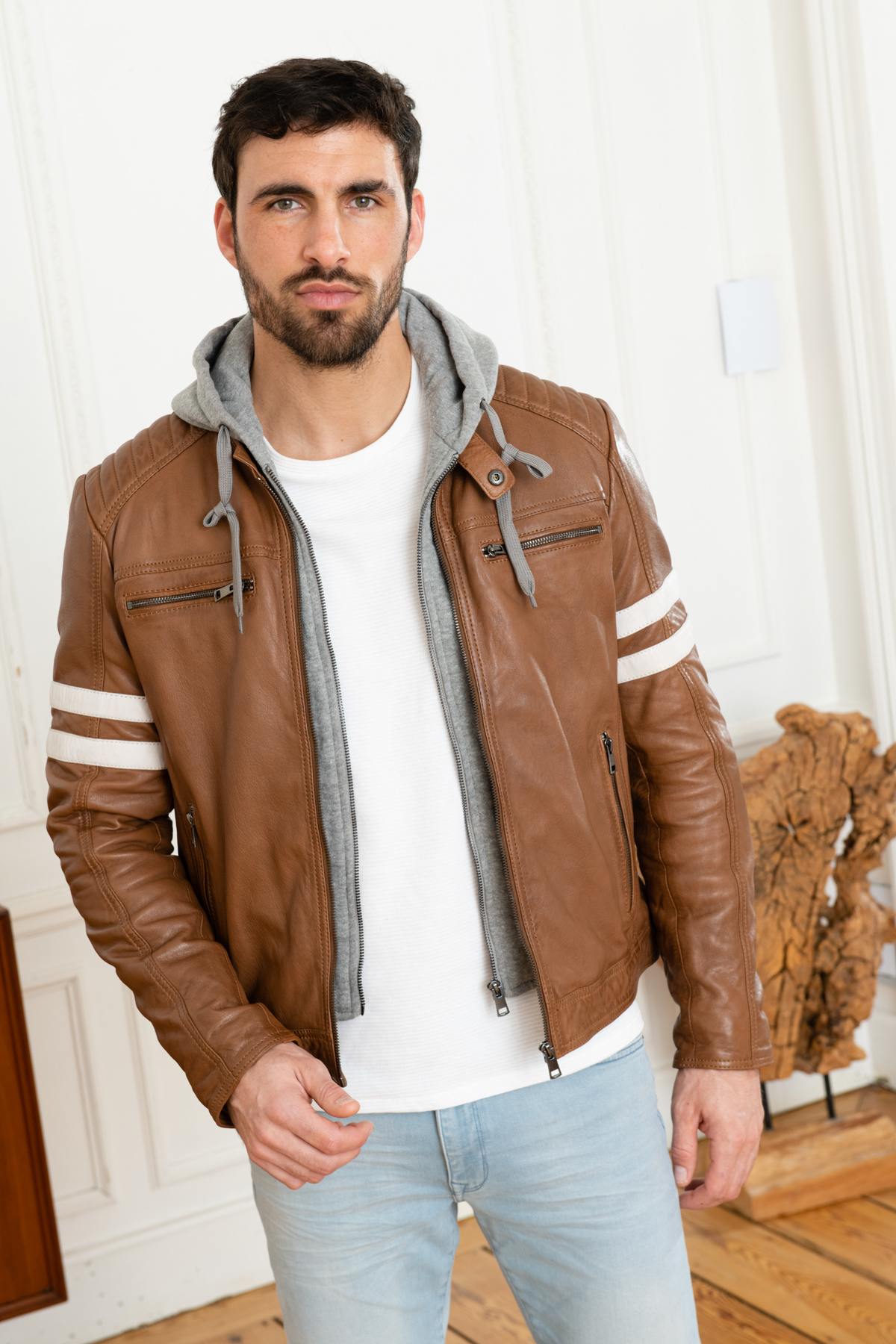 Brown leather jacket with gray cotton facing - Image n°6