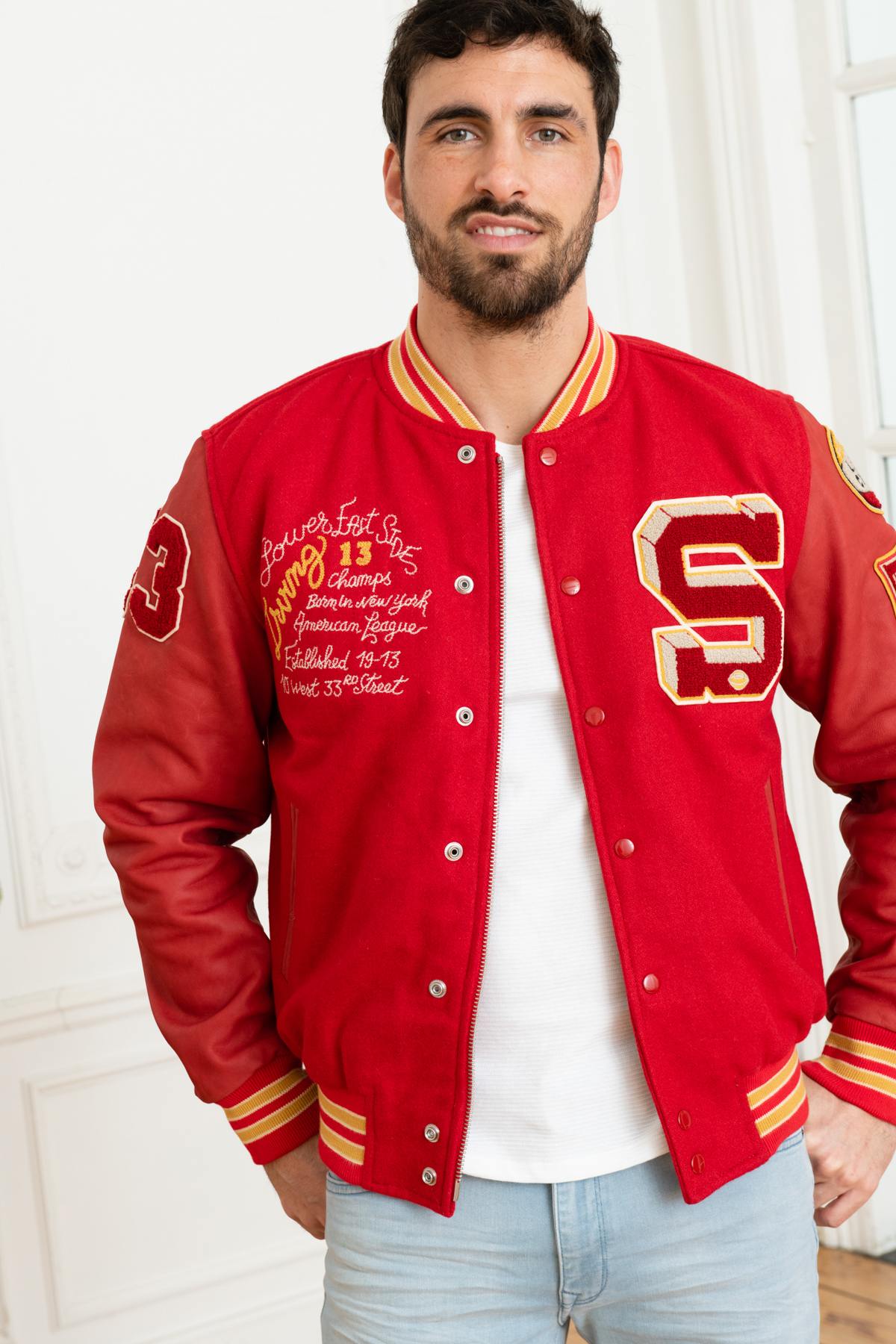 Embroidered red leather varsity teddy - Image n°1