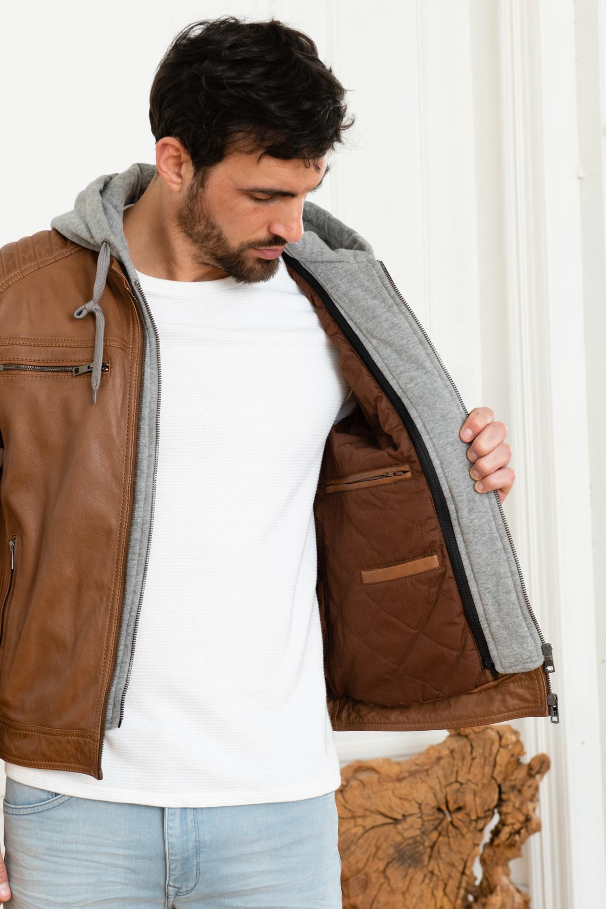 Brown leather jacket with gray cotton facing - Image n°4