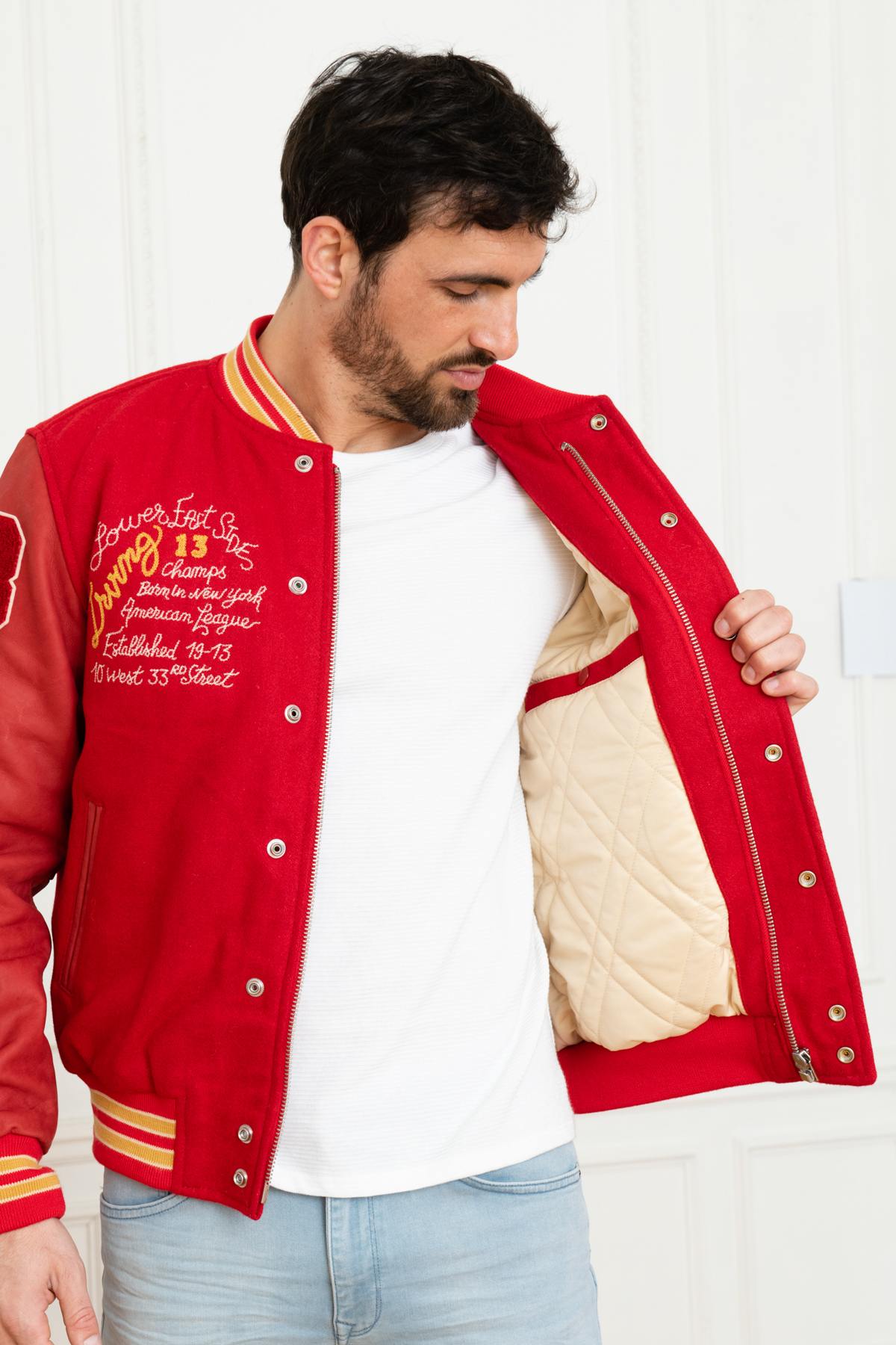 Embroidered red leather varsity teddy - Image n°4