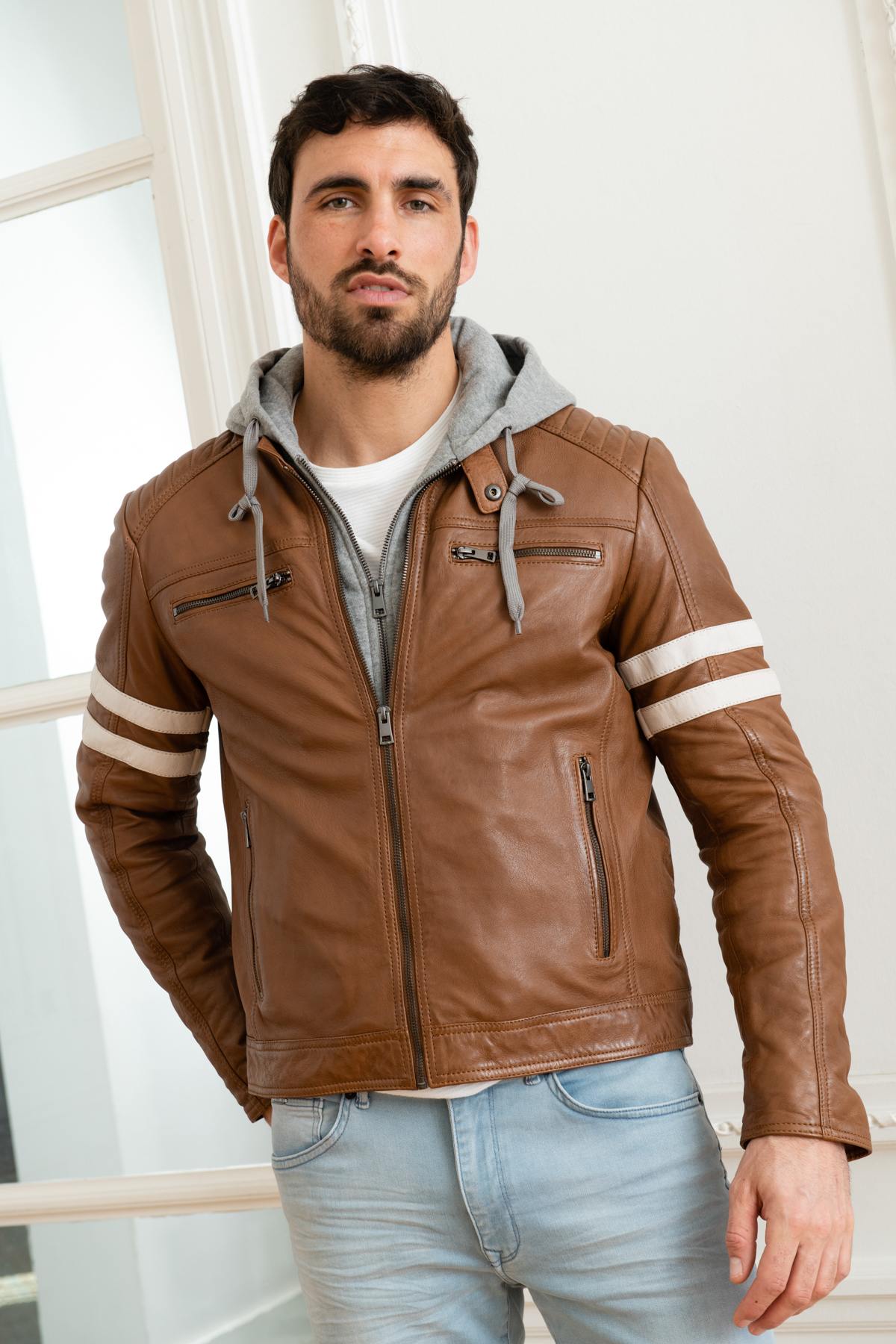 Brown leather jacket with gray cotton facing - Image n°3