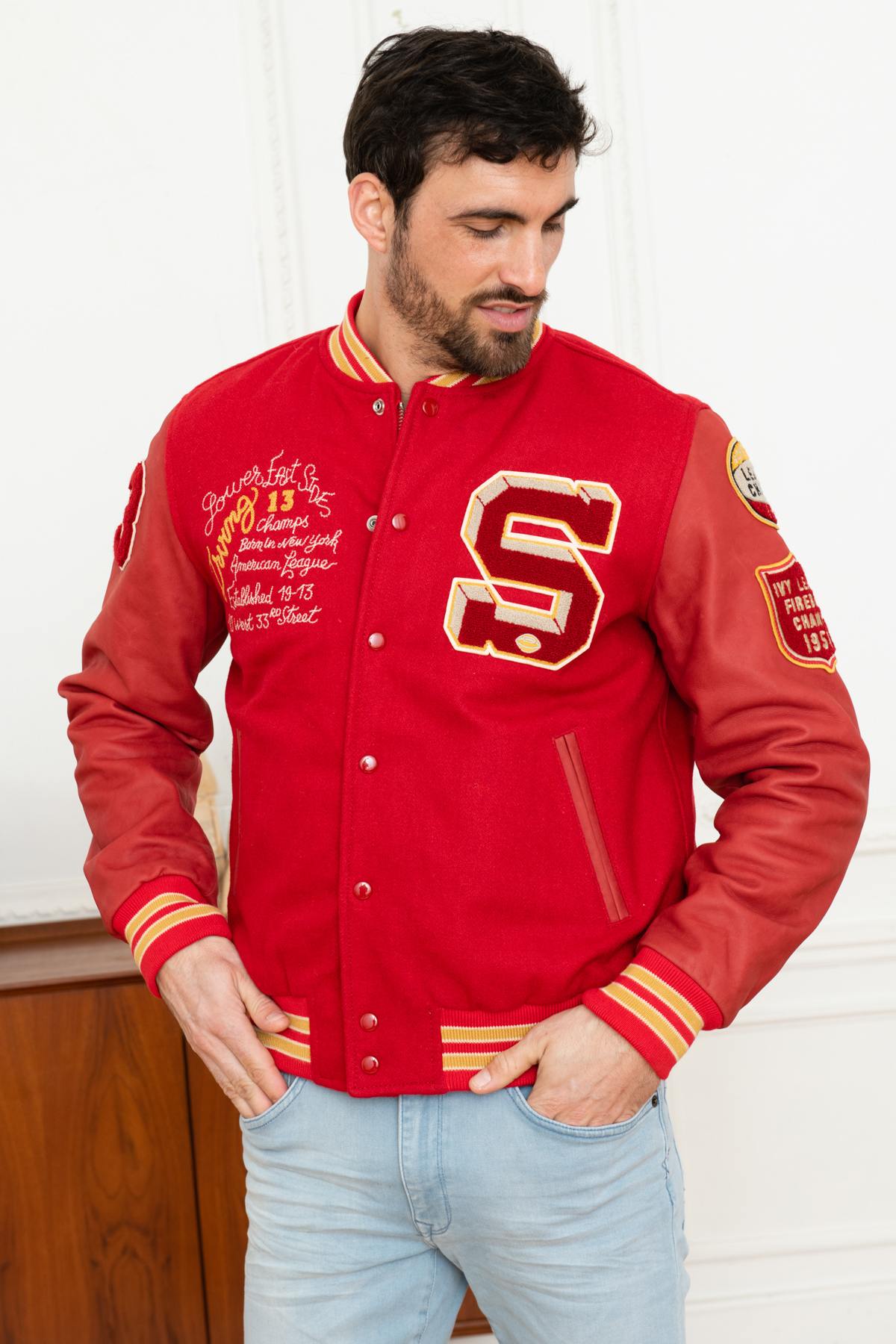 Embroidered red leather varsity teddy - Image n°3