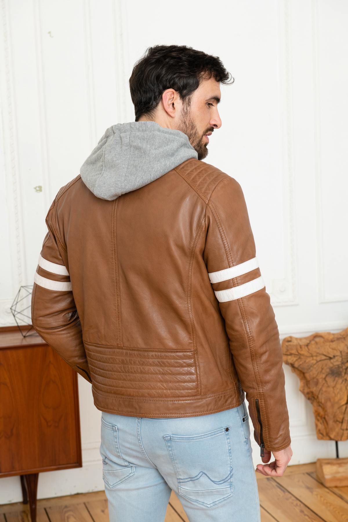 Brown leather jacket with gray cotton facing - Image n°5