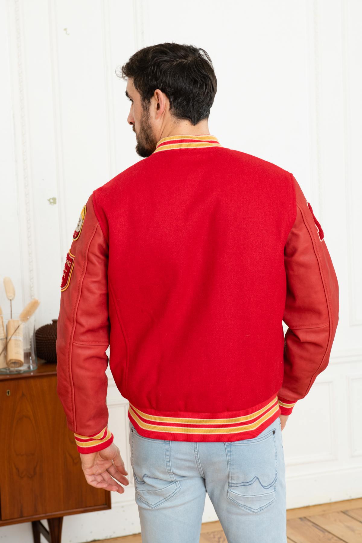 Embroidered red leather varsity teddy - Image n°5