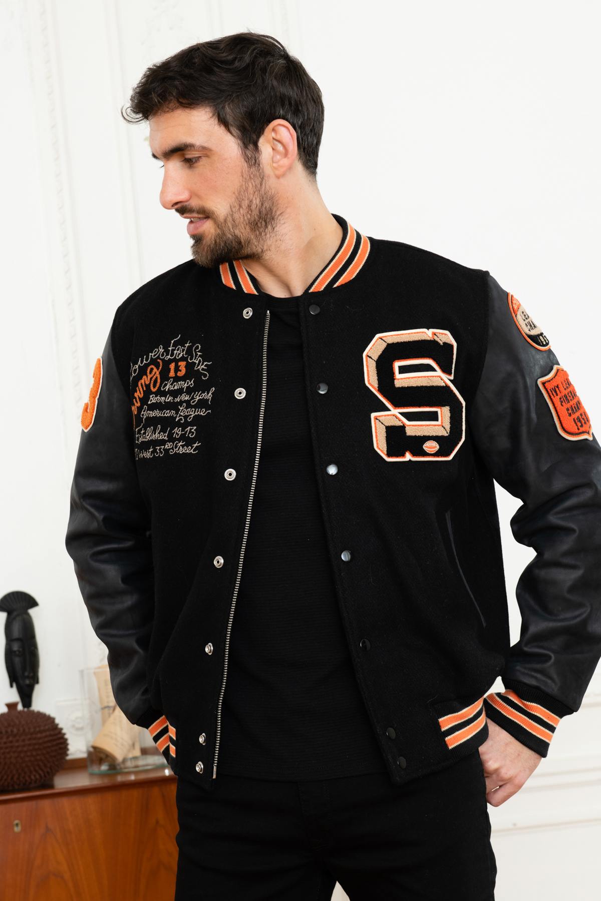 Black monochrome two-material varsity teddy - Image n°4