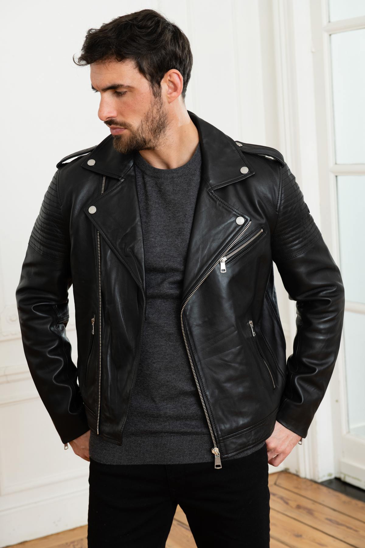 Men's black quilted leather perfecto - Image n°7