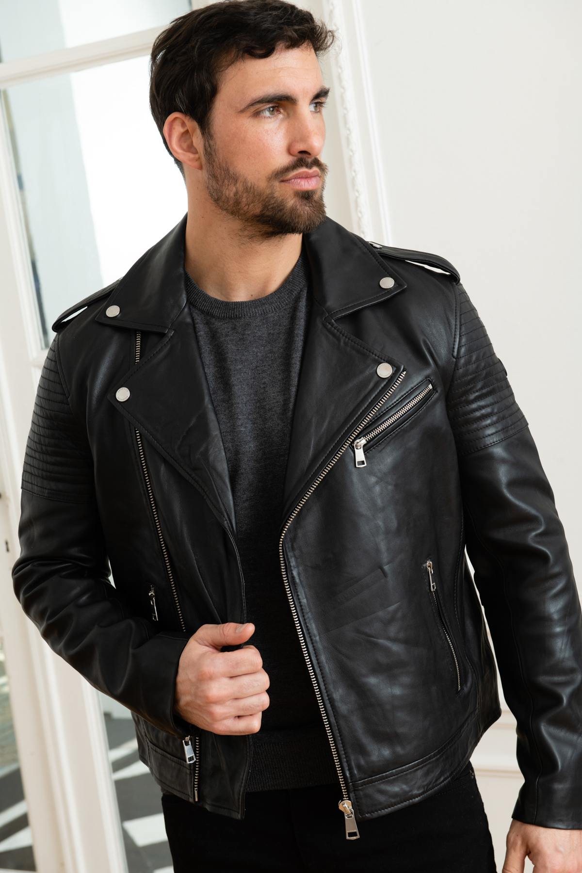 Men's black quilted leather perfecto - Image n°6