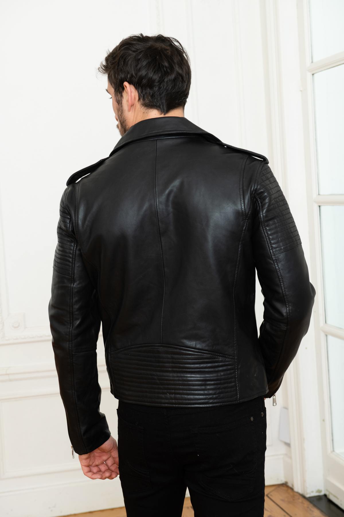 Men's black quilted leather Biker Jacket - Image n°4