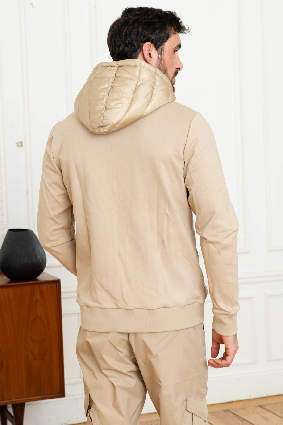 Beige bi-material jacket with hood - Image n°5