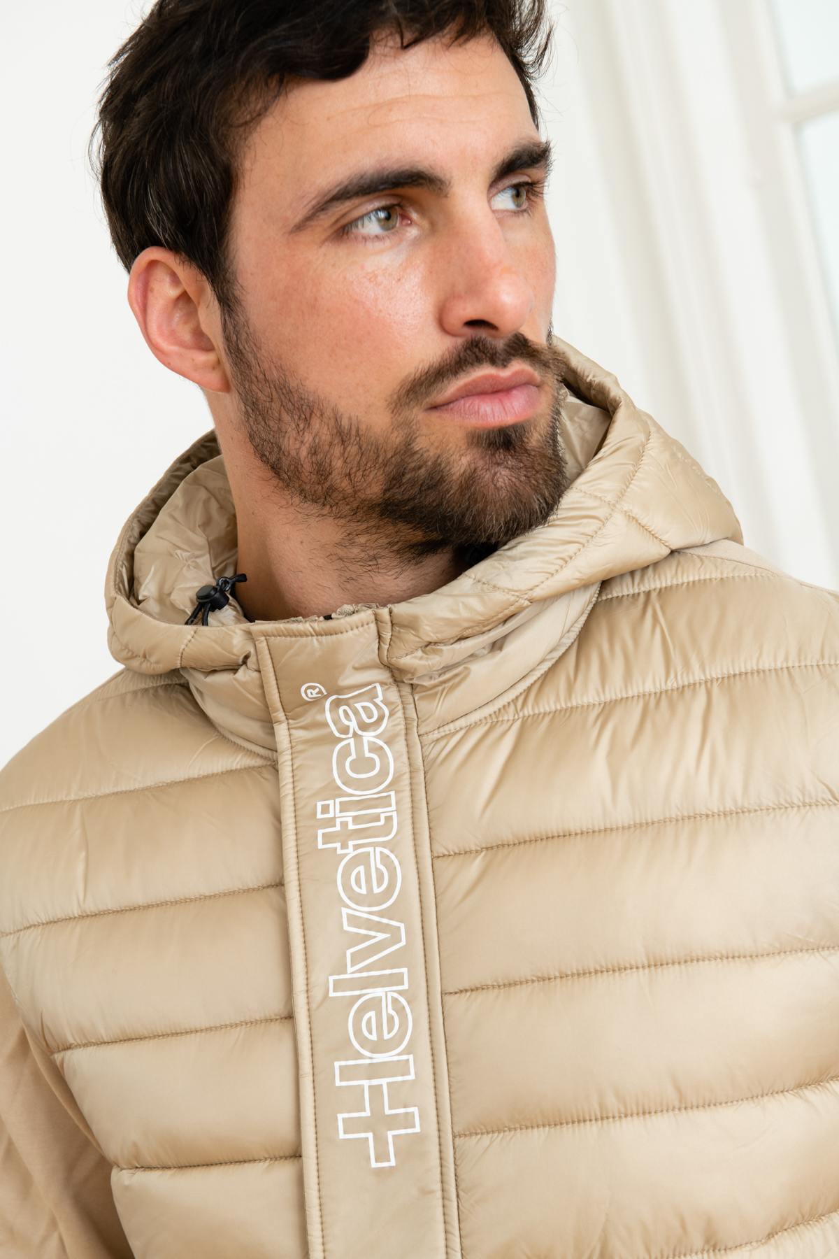 Beige bi-material jacket with hood - Image n°6