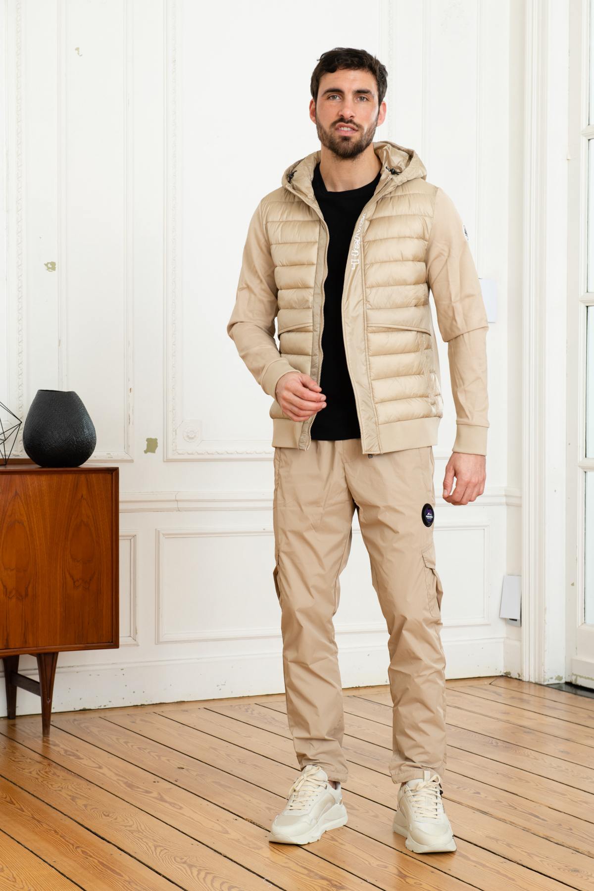 Beige bi-material jacket with hood - Image n°2