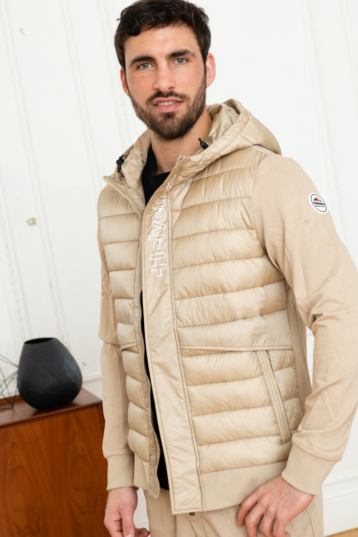 Beige bi-material jacket with hood - Image n°3