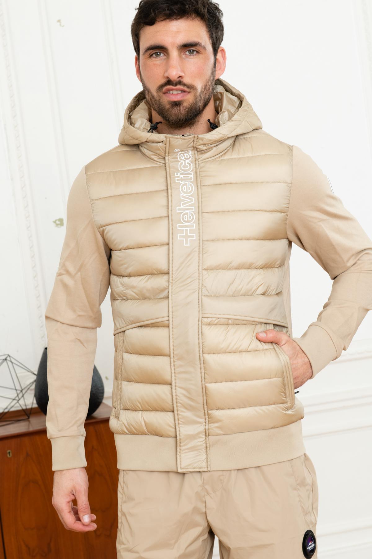 Beige bi-material jacket with hood - Image n°1