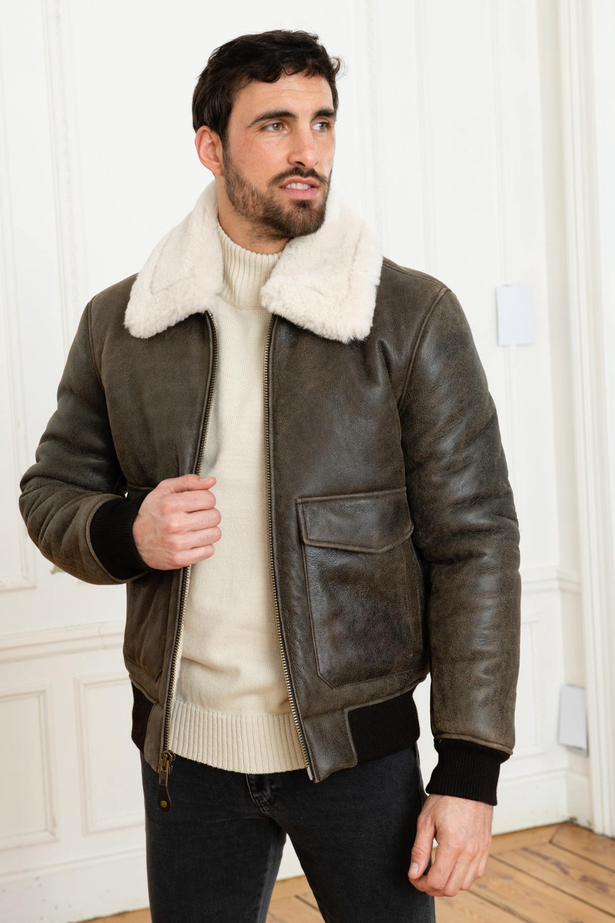 A-2 aviator in brown shearling and white fur - Image n°3