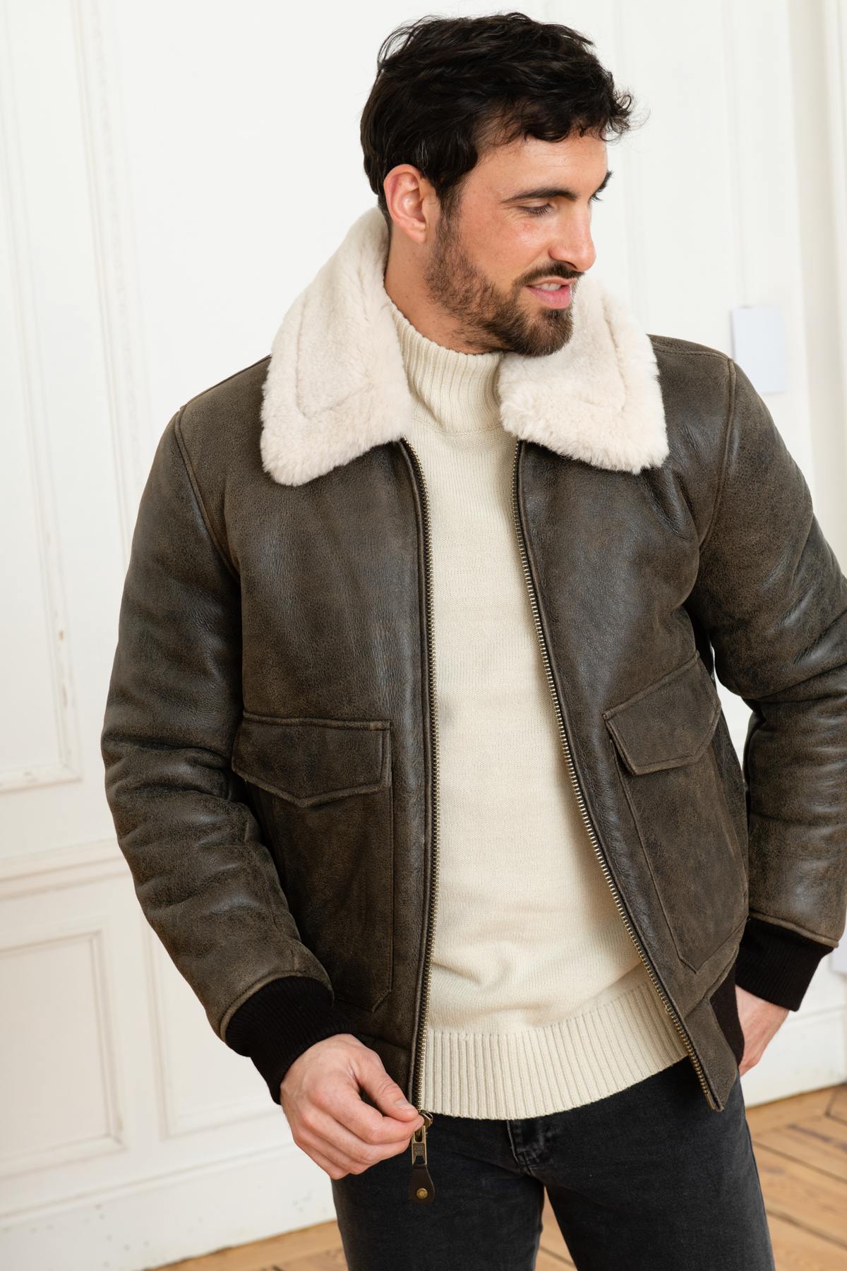 A-2 aviator in brown shearling and white fur - Image n°9