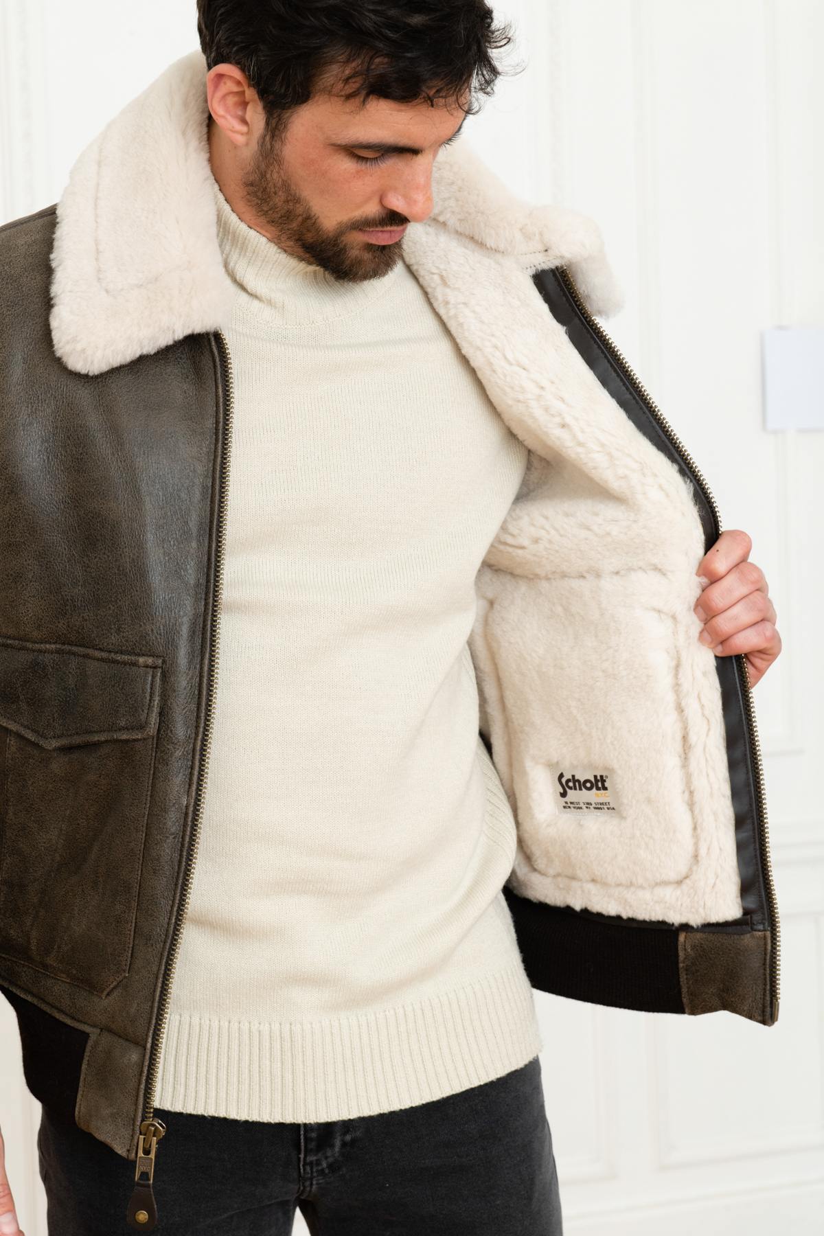 A-2 aviator in brown shearling and white fur - Image n°4