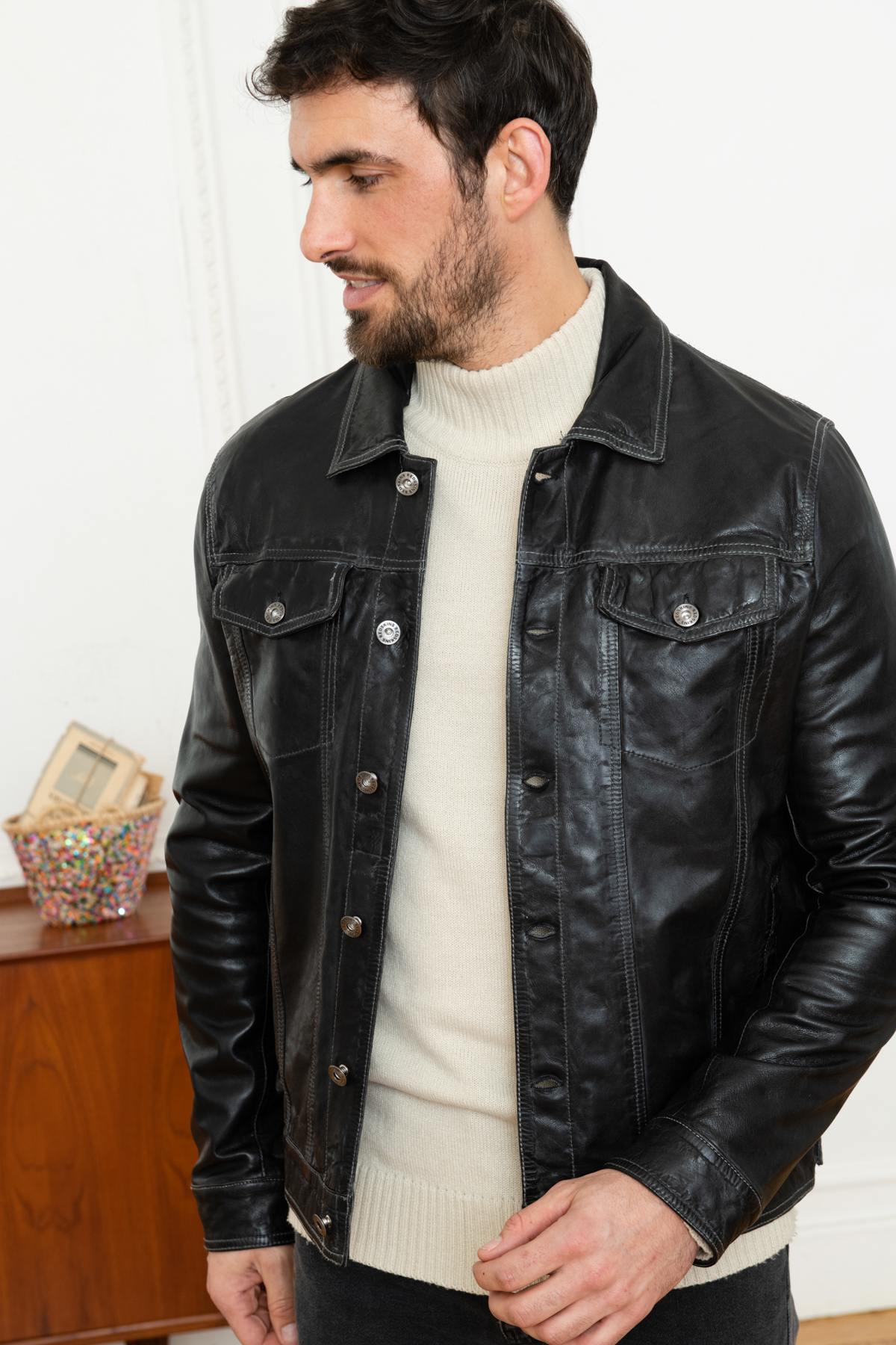 Retro style shirt collar leather jacket - Image n°1