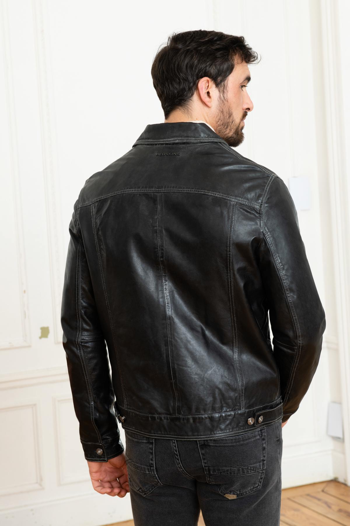 Retro style shirt collar leather jacket - Image n°5