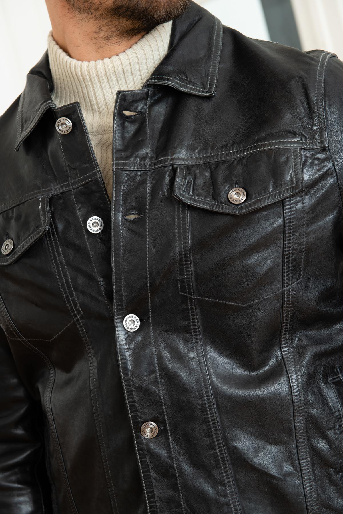 Retro style shirt collar leather jacket - Image n°8