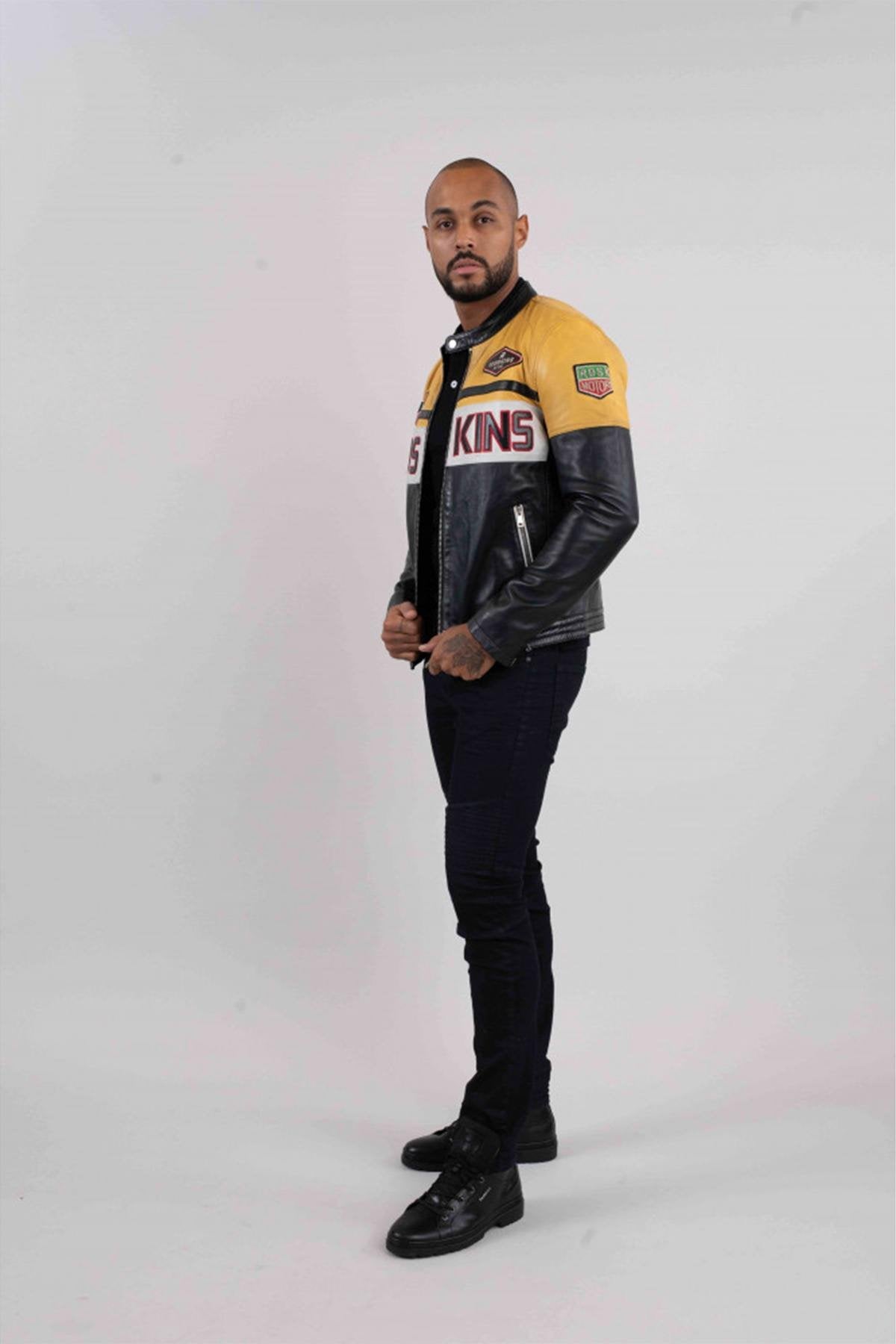 Two-tone yellow and black rider leather jacket - Image n°2