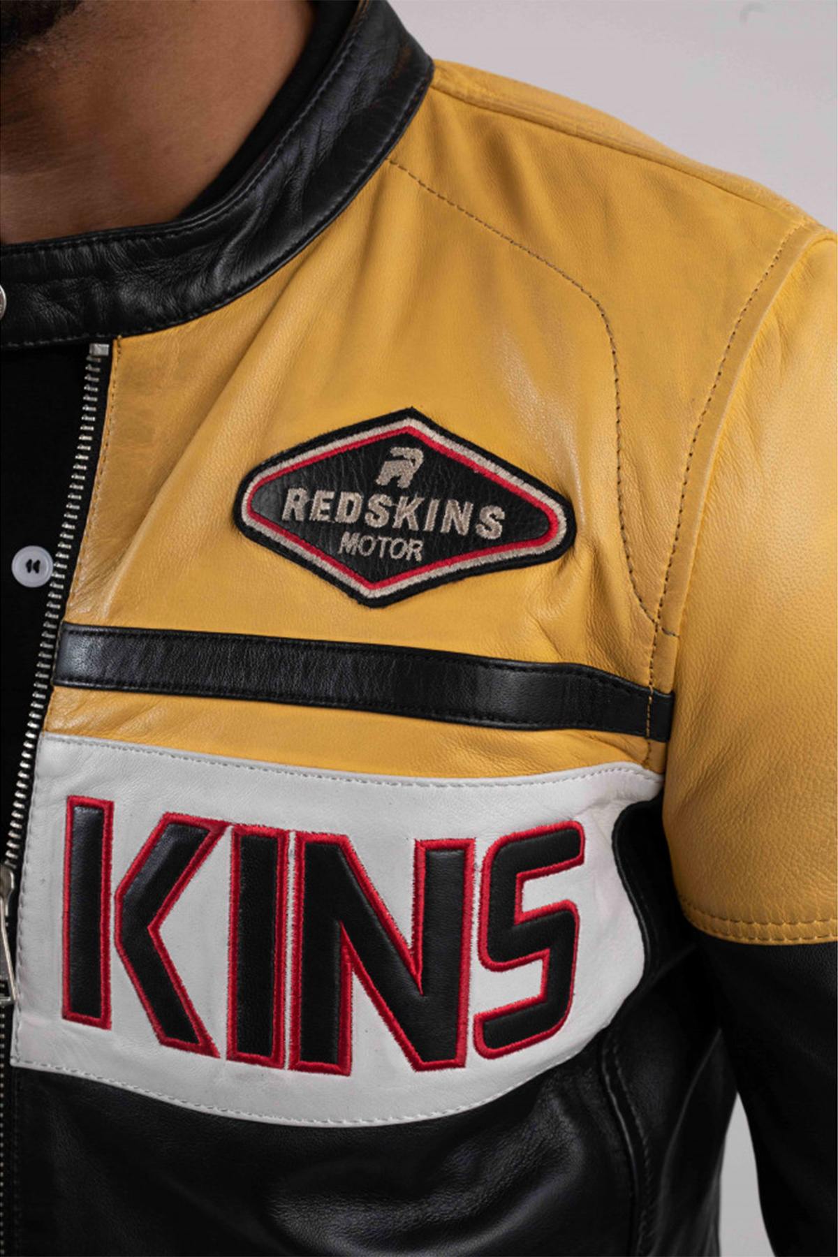 Two-tone yellow and black rider leather jacket - Image n°4