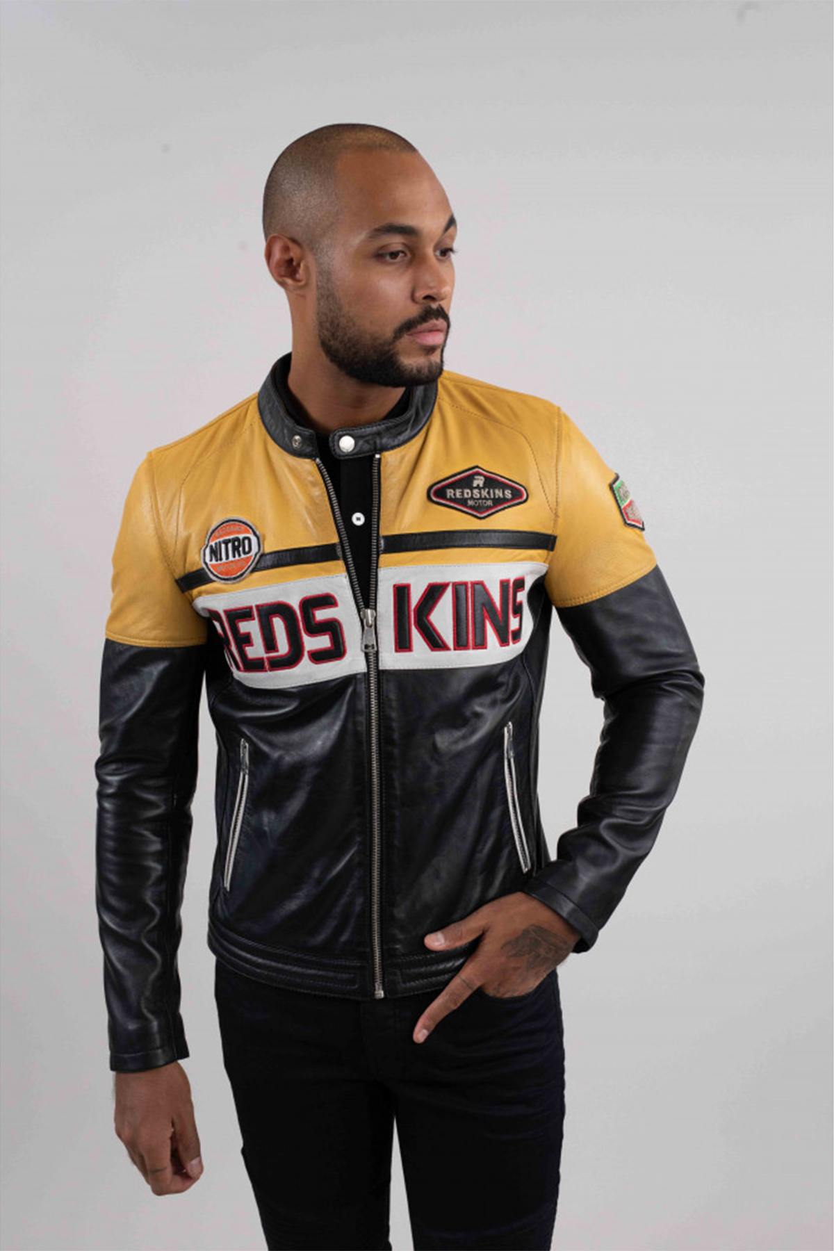 Two-tone yellow and black rider leather jacket - Image n°1