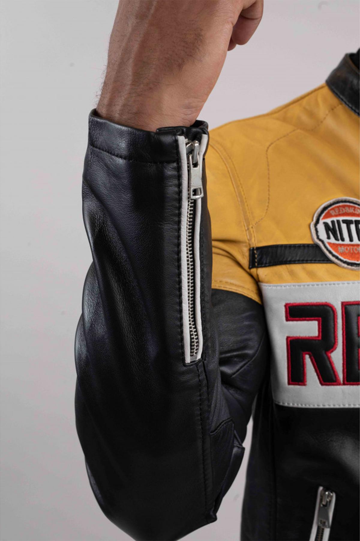 Two-tone yellow and black rider leather jacket - Image n°5