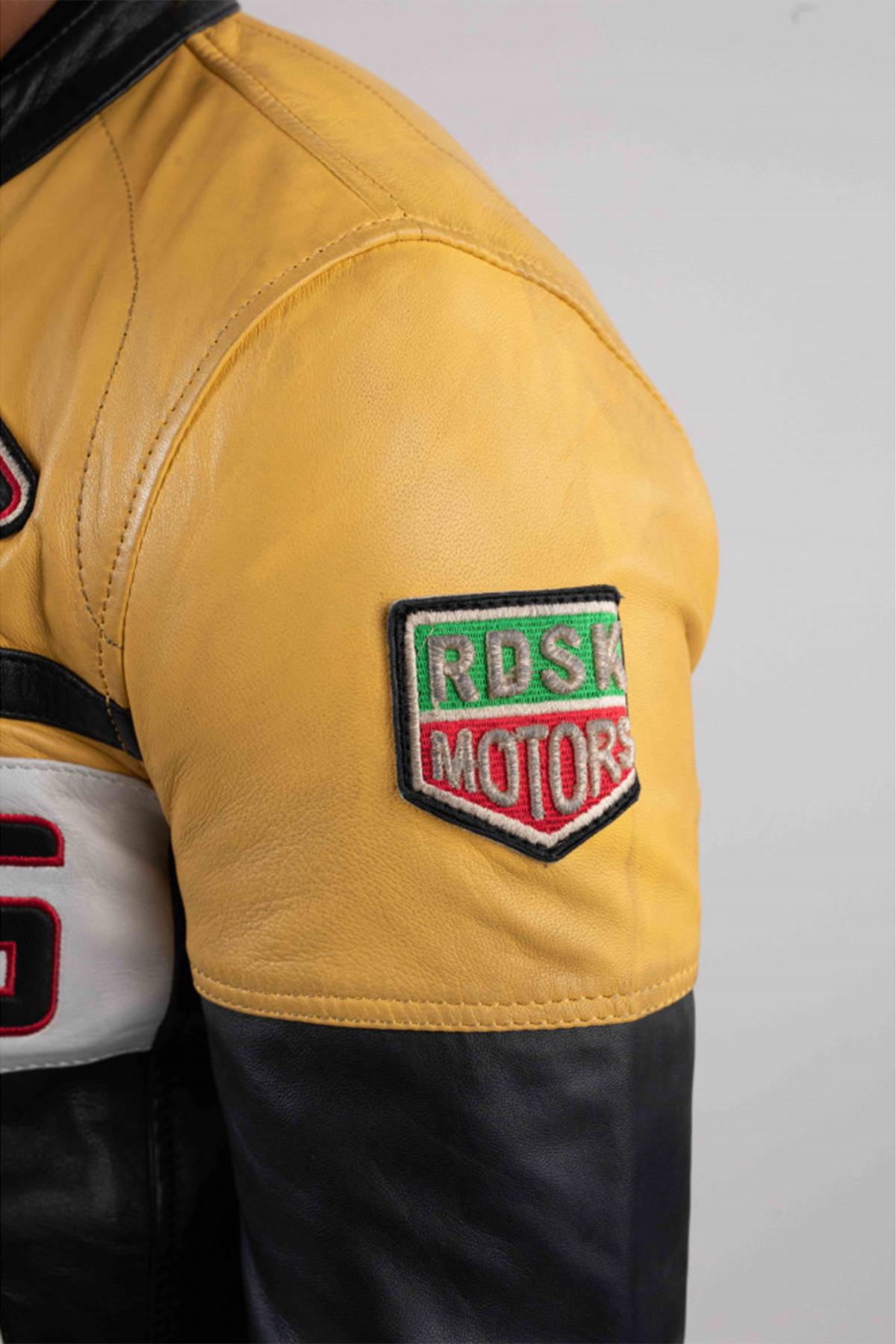 Two-tone yellow and black rider leather jacket - Image n°6