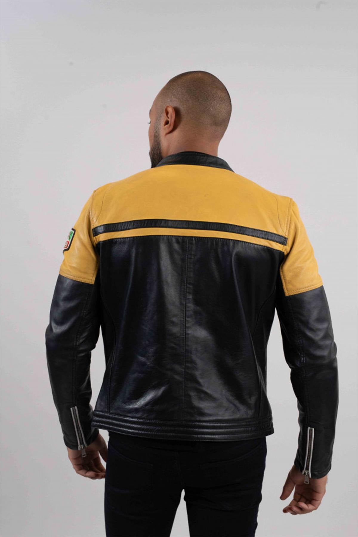 Two-tone yellow and black rider leather jacket - Image n°3