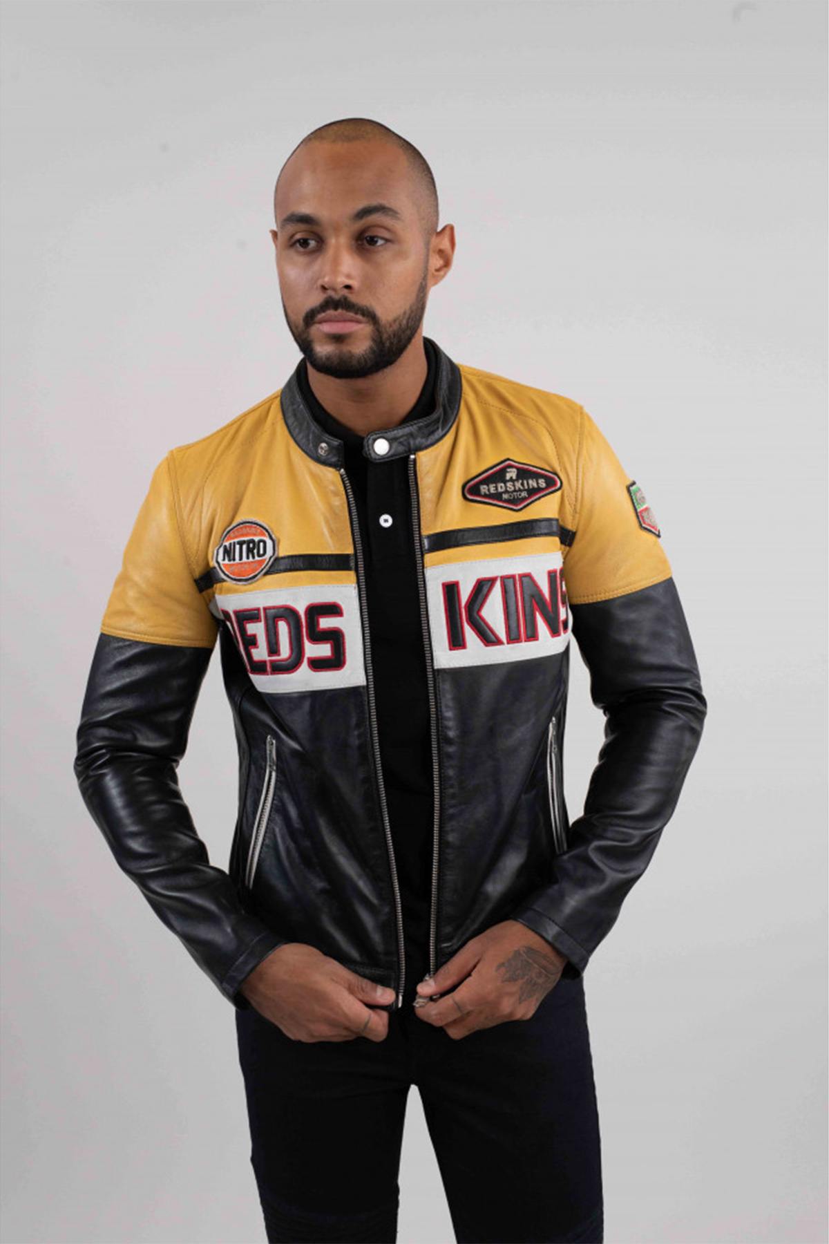 Two-tone yellow and black rider leather jacket - Image n°7