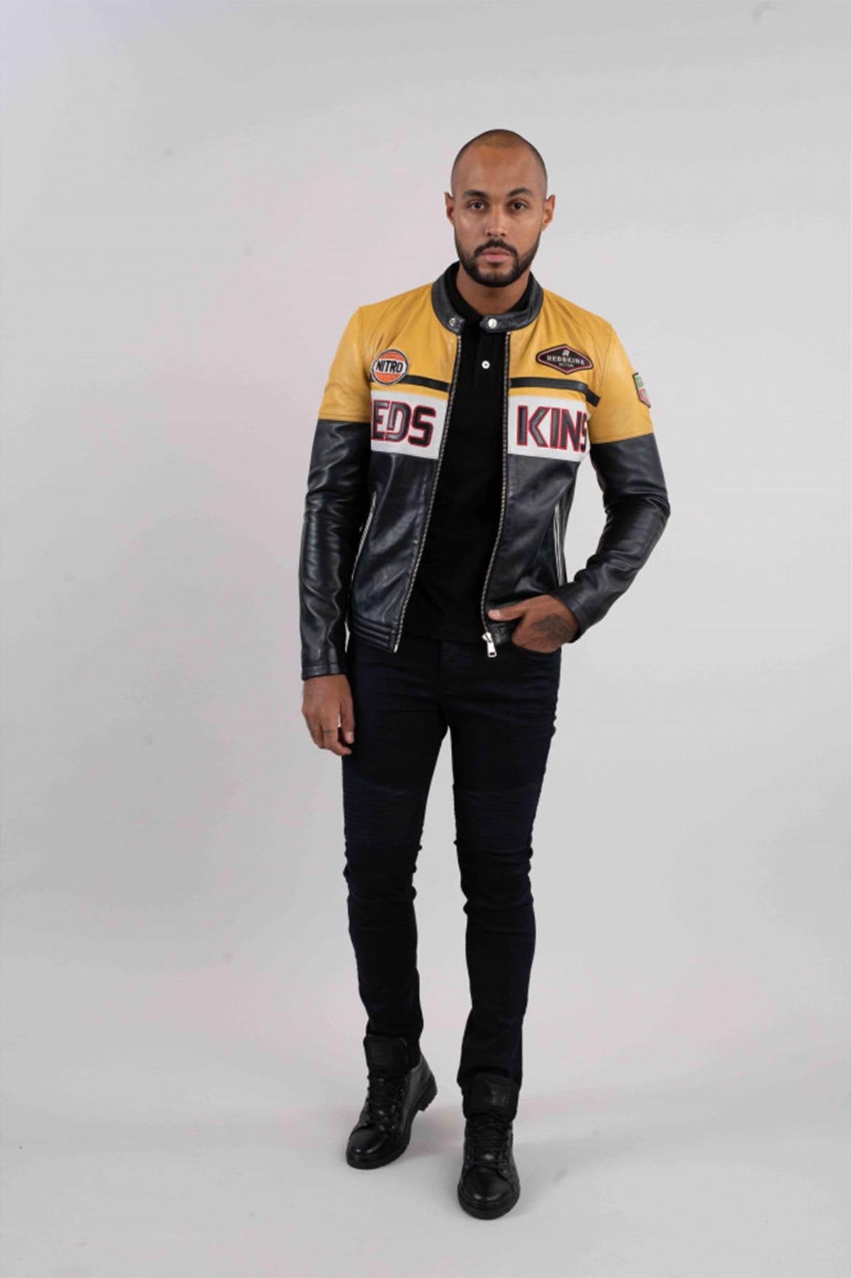 Two-tone yellow and black rider leather jacket - Image n°8