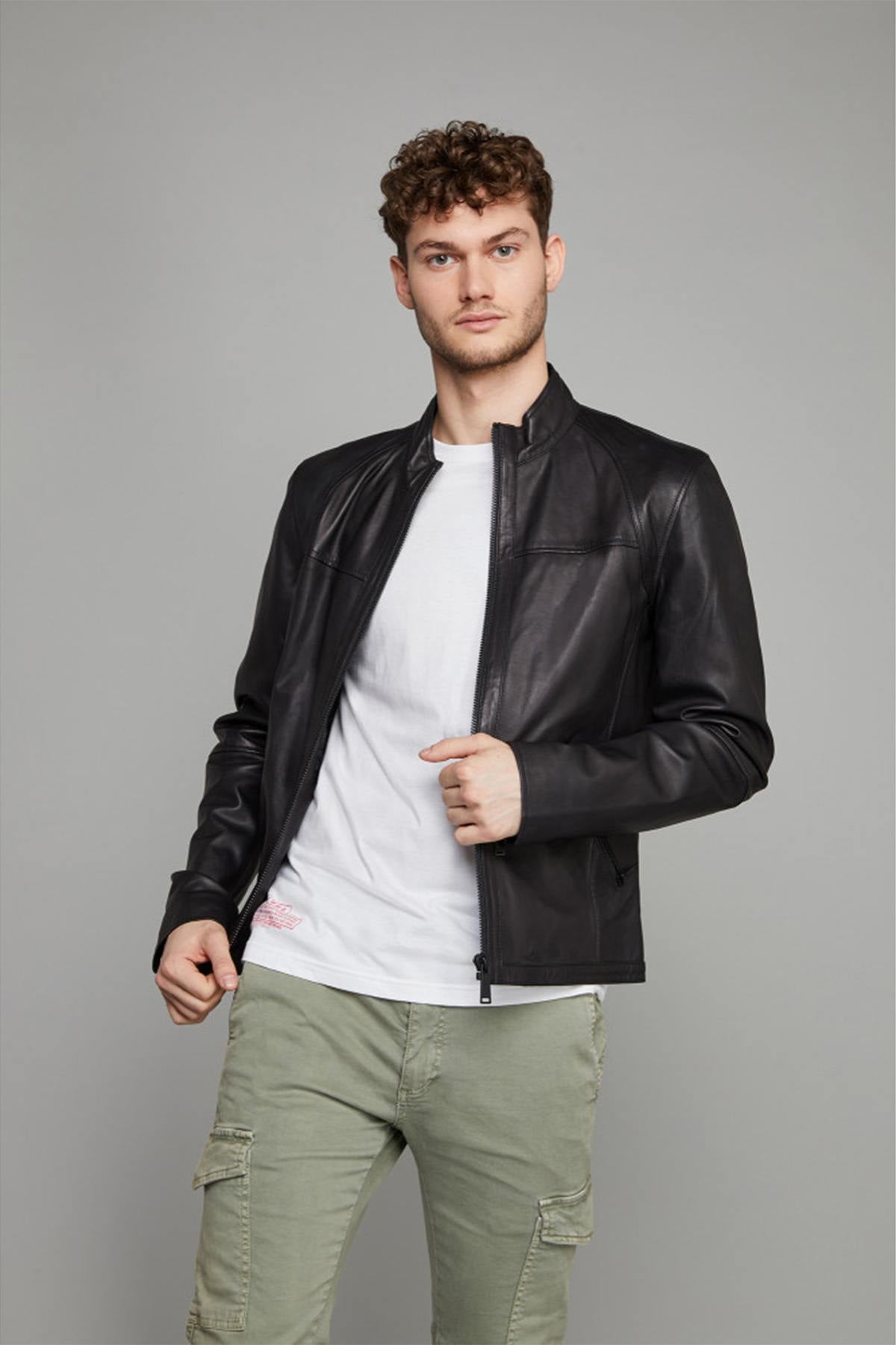 Leather jacket with half-high collar - Image n°2