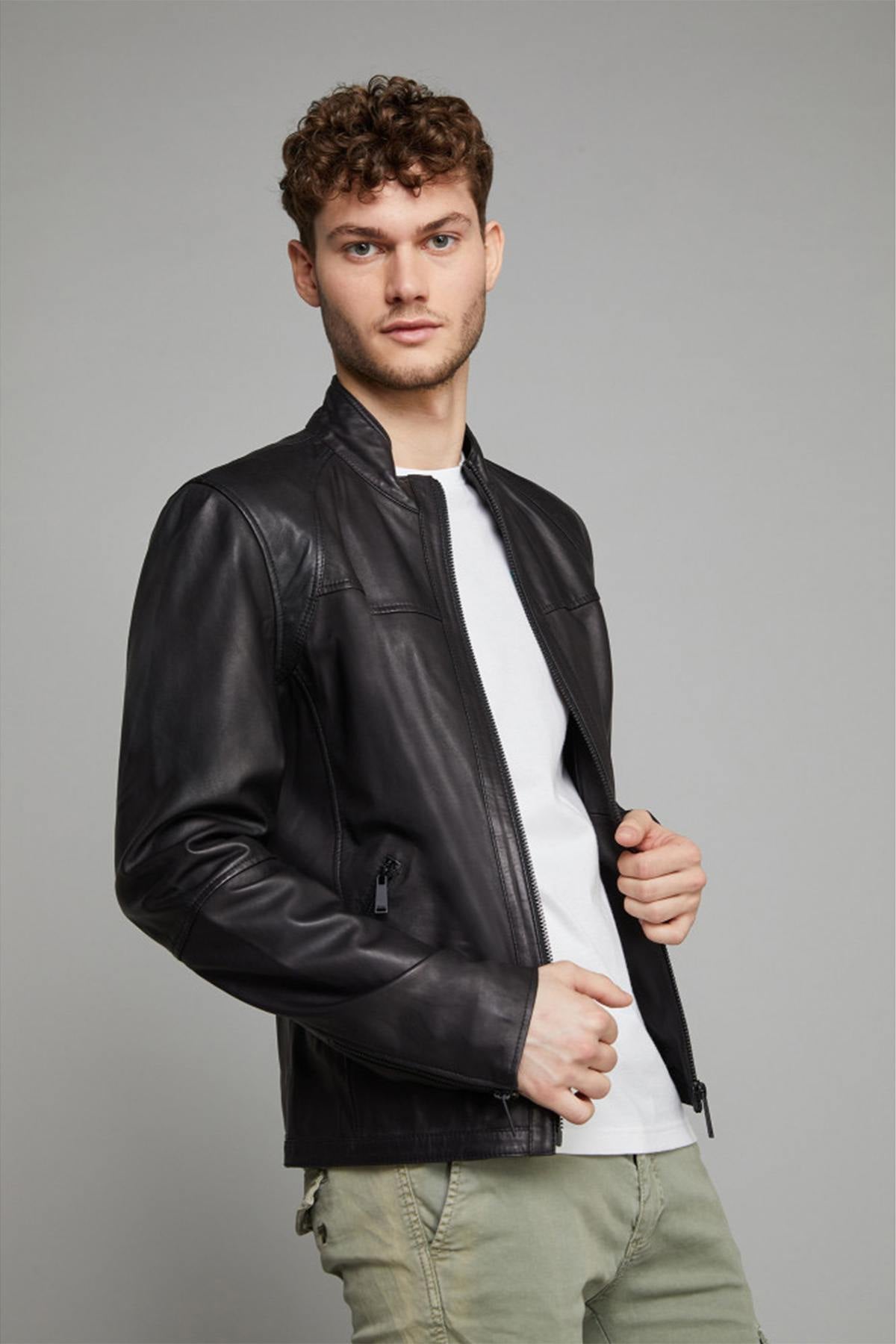 Leather jacket with half-high collar - Image n°4