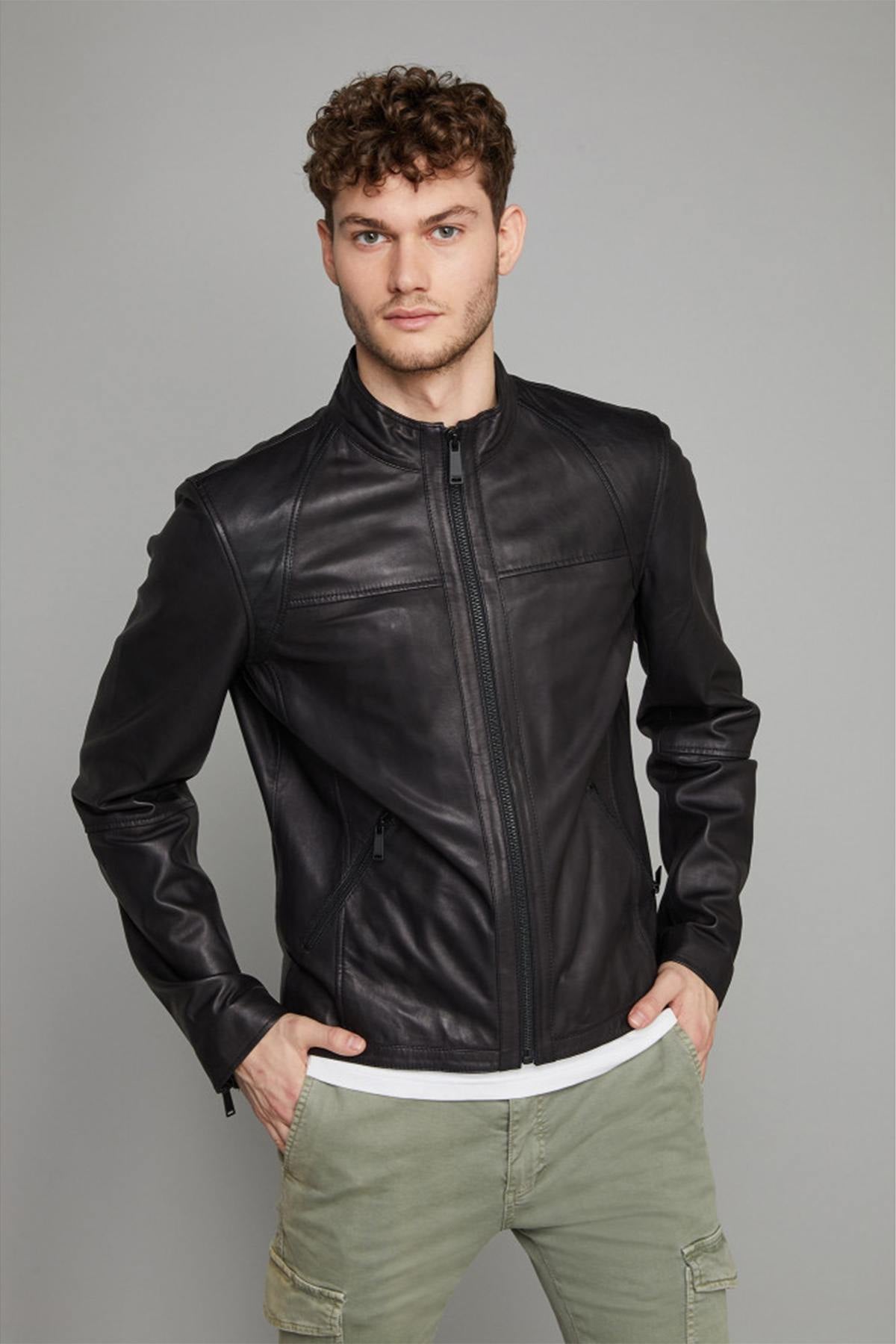 Leather jacket with half-high collar - Image n°1