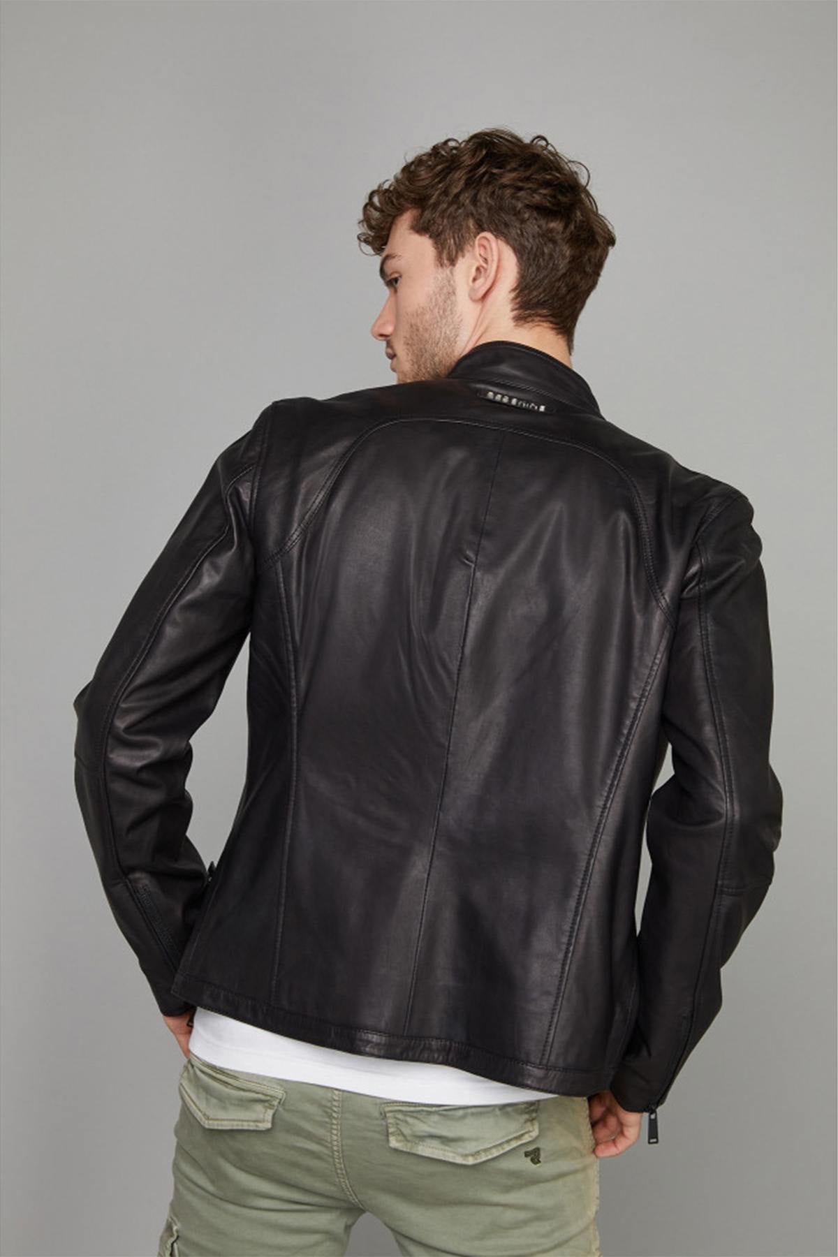 Leather jacket with half-high collar - Image n°3