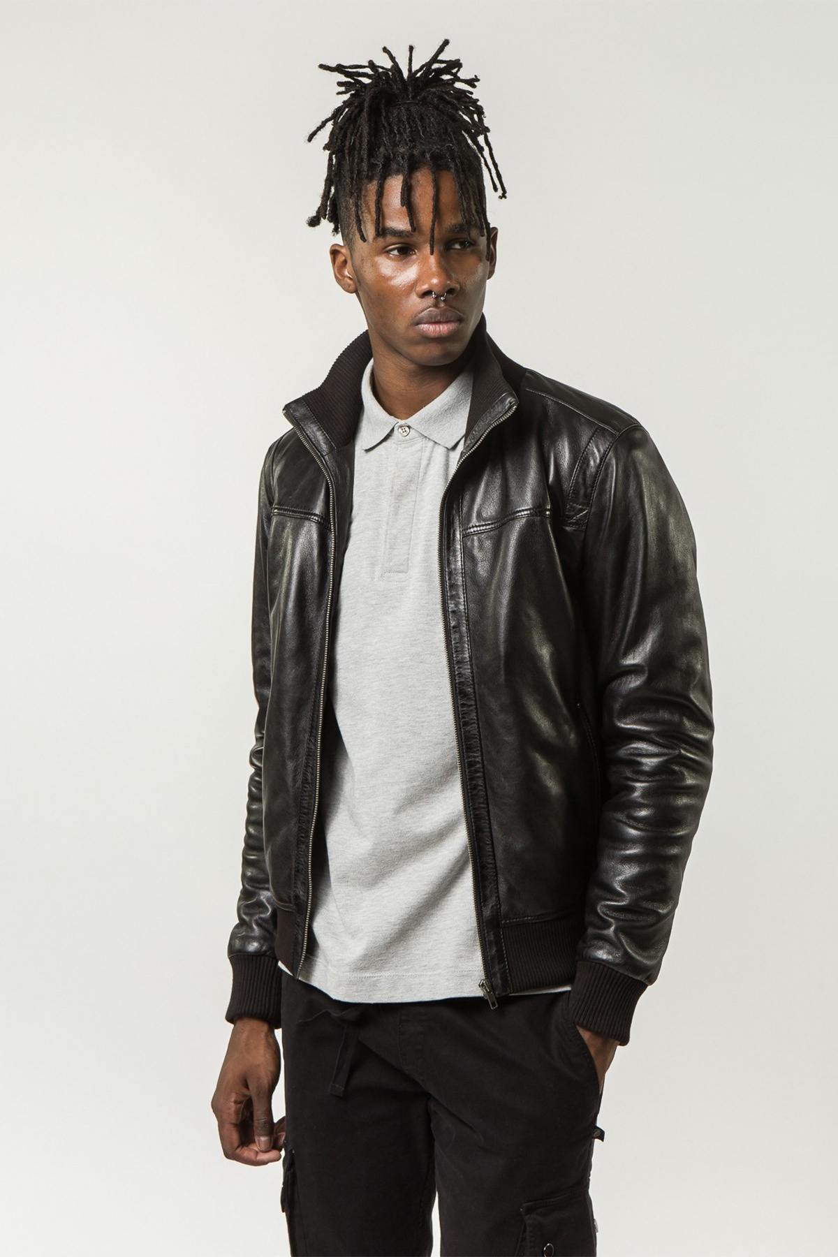 Sheepskin leather jacket with funnel collar - Image n°1