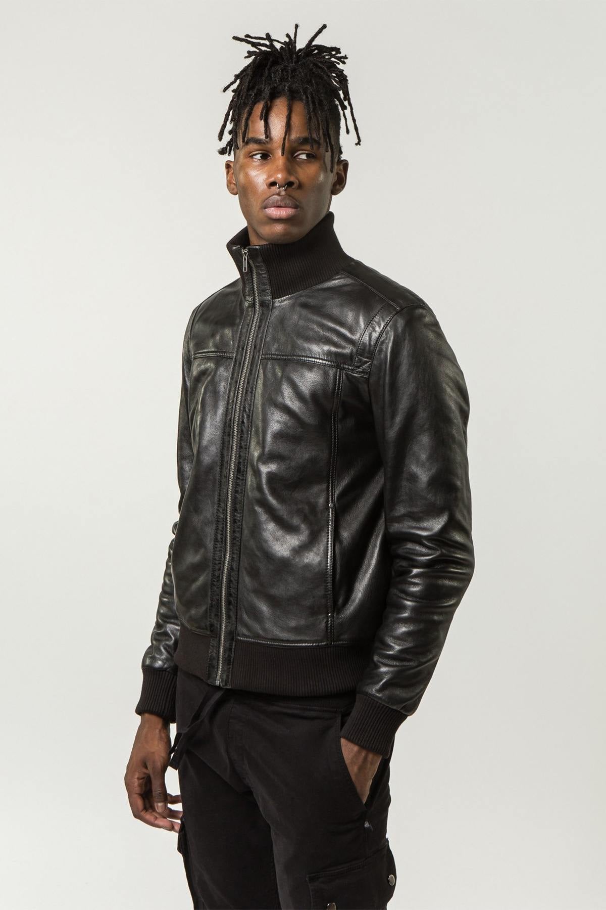 Sheepskin leather jacket with funnel collar - Image n°5