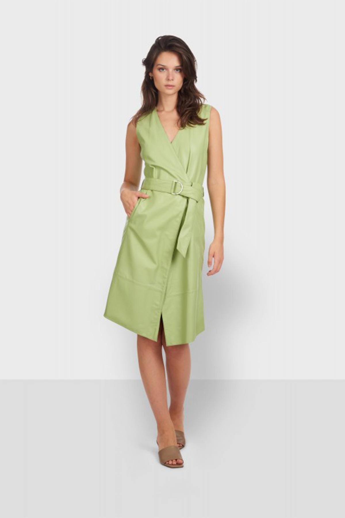 Light Green Genuine Leather Wrap Dress - Image n°4