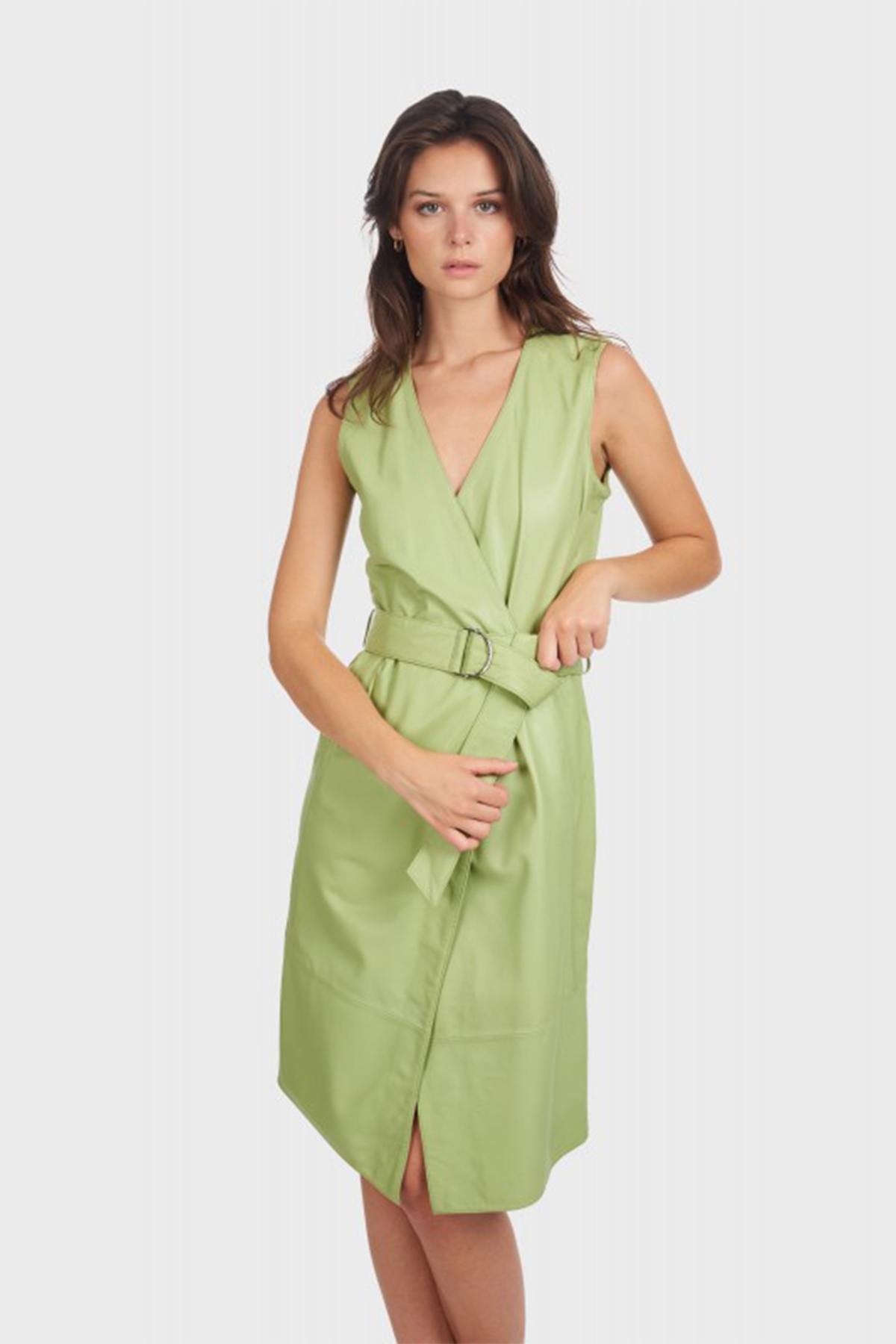 Light Green Genuine Leather Wrap Dress - Image n°2