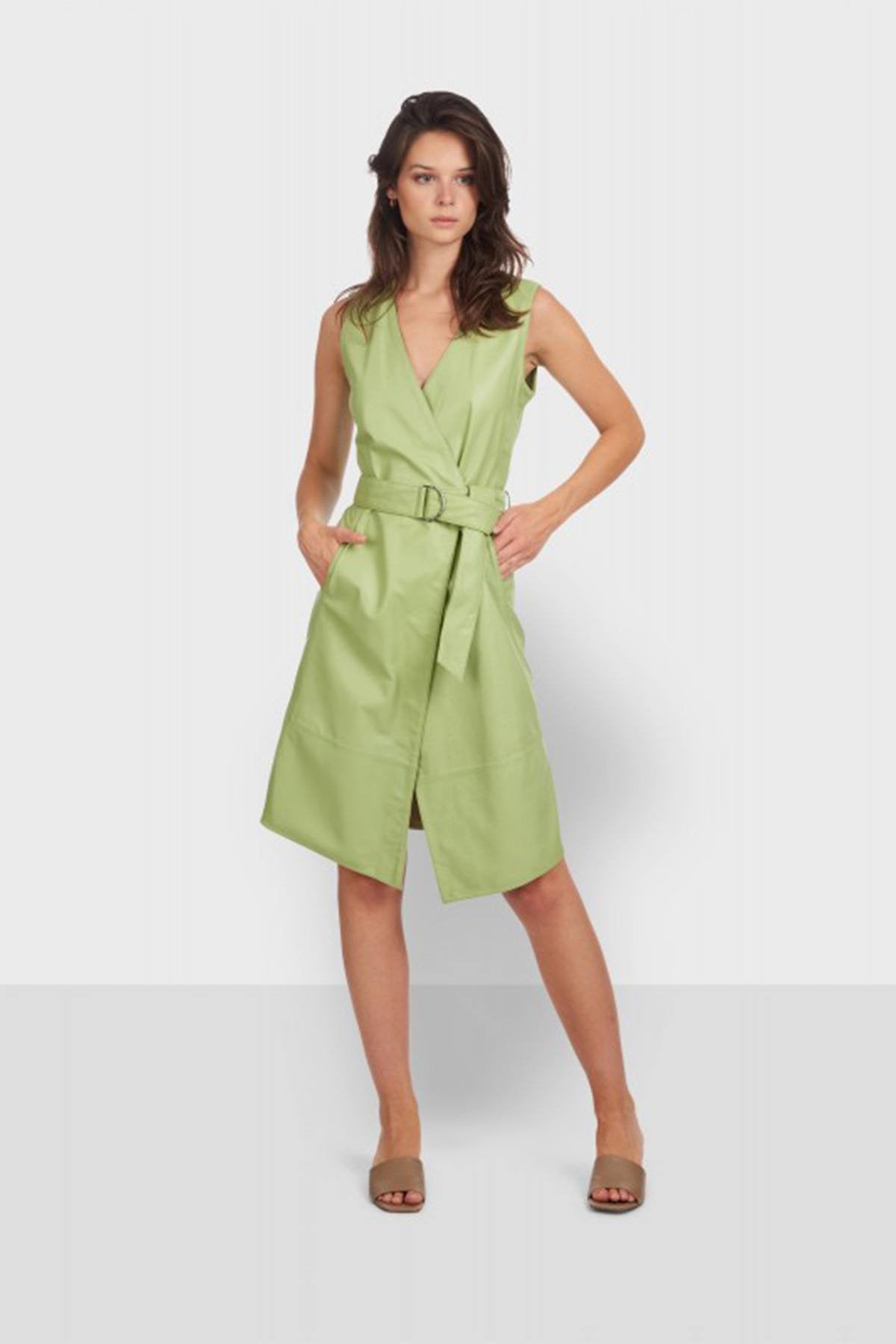 Light Green Genuine Leather Wrap Dress - Image n°8