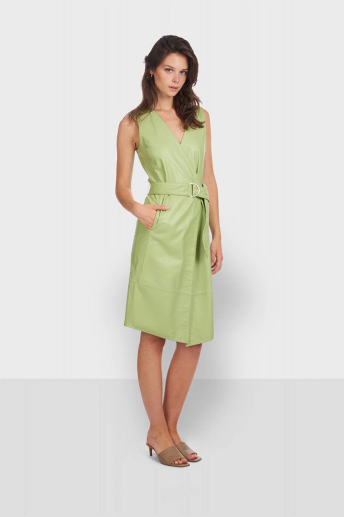 Light Green Genuine Leather Wrap Dress - Image n°9