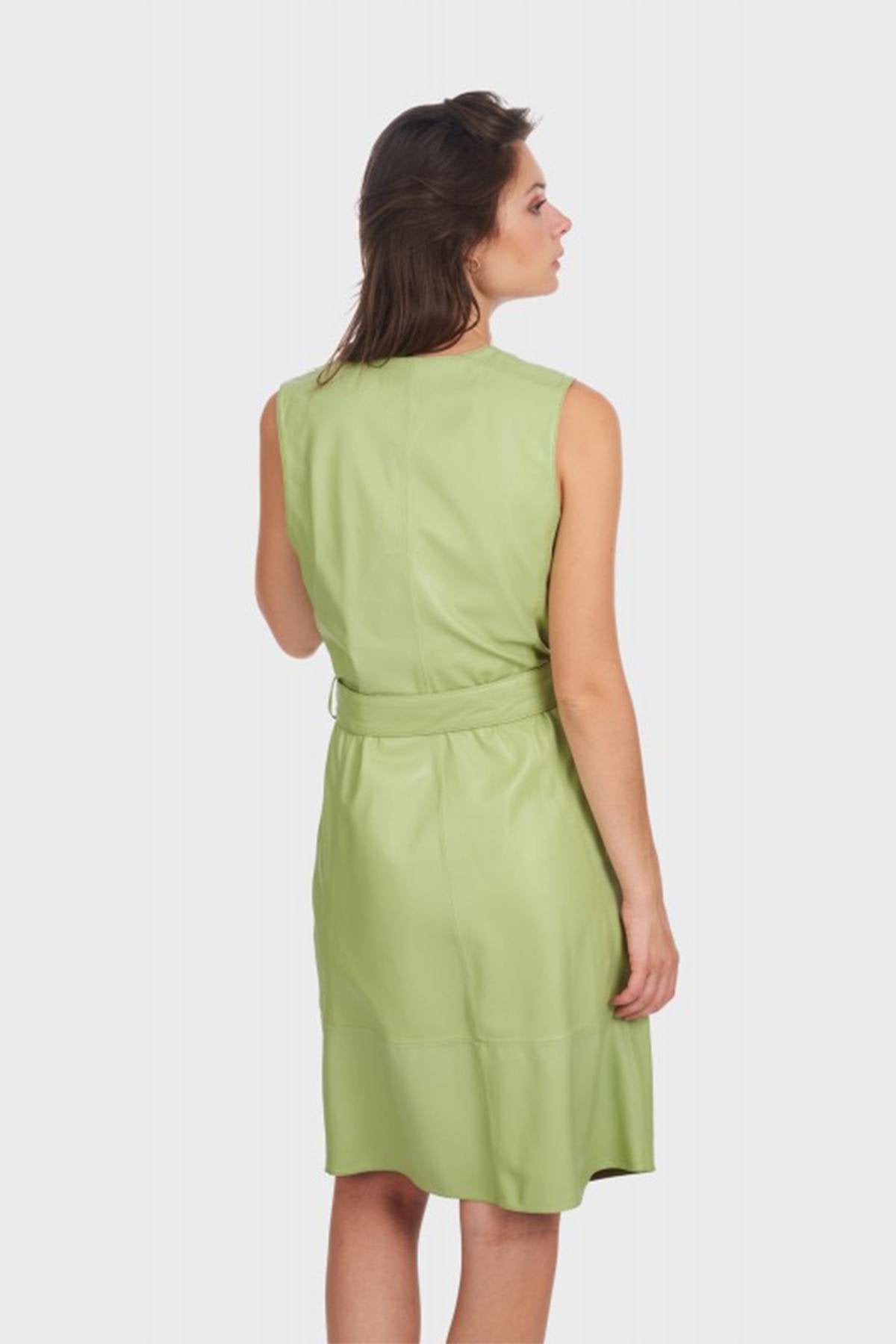 Light Green Genuine Leather Wrap Dress - Image n°3