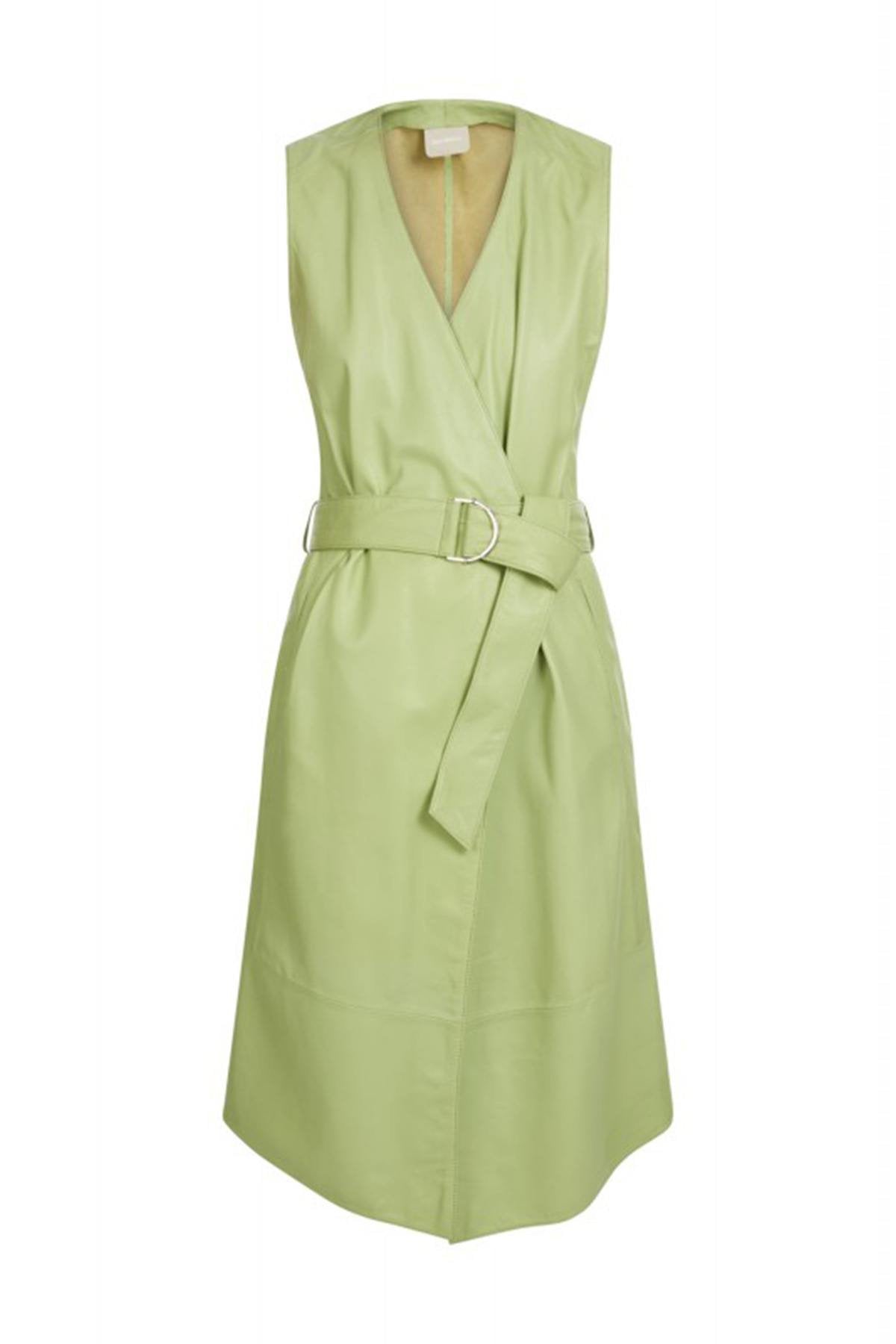 Light Green Genuine Leather Wrap Dress - Image n°7