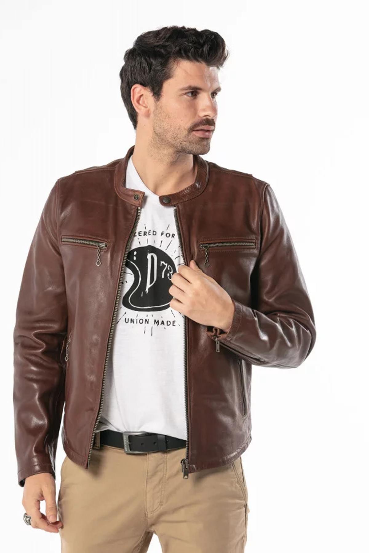 Biker style jacket in cowhide leather - Image n°3