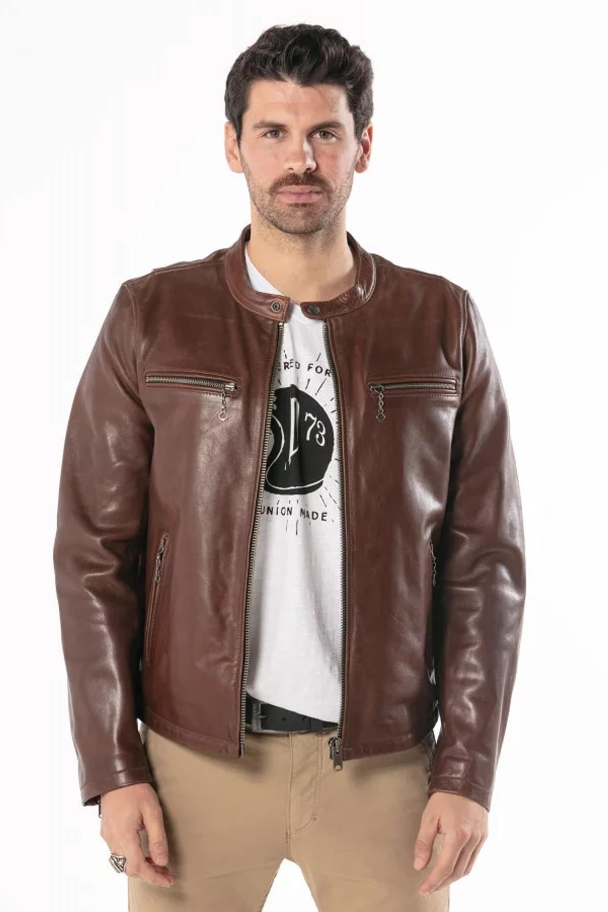 Biker style jacket in cowhide leather - Image n°4