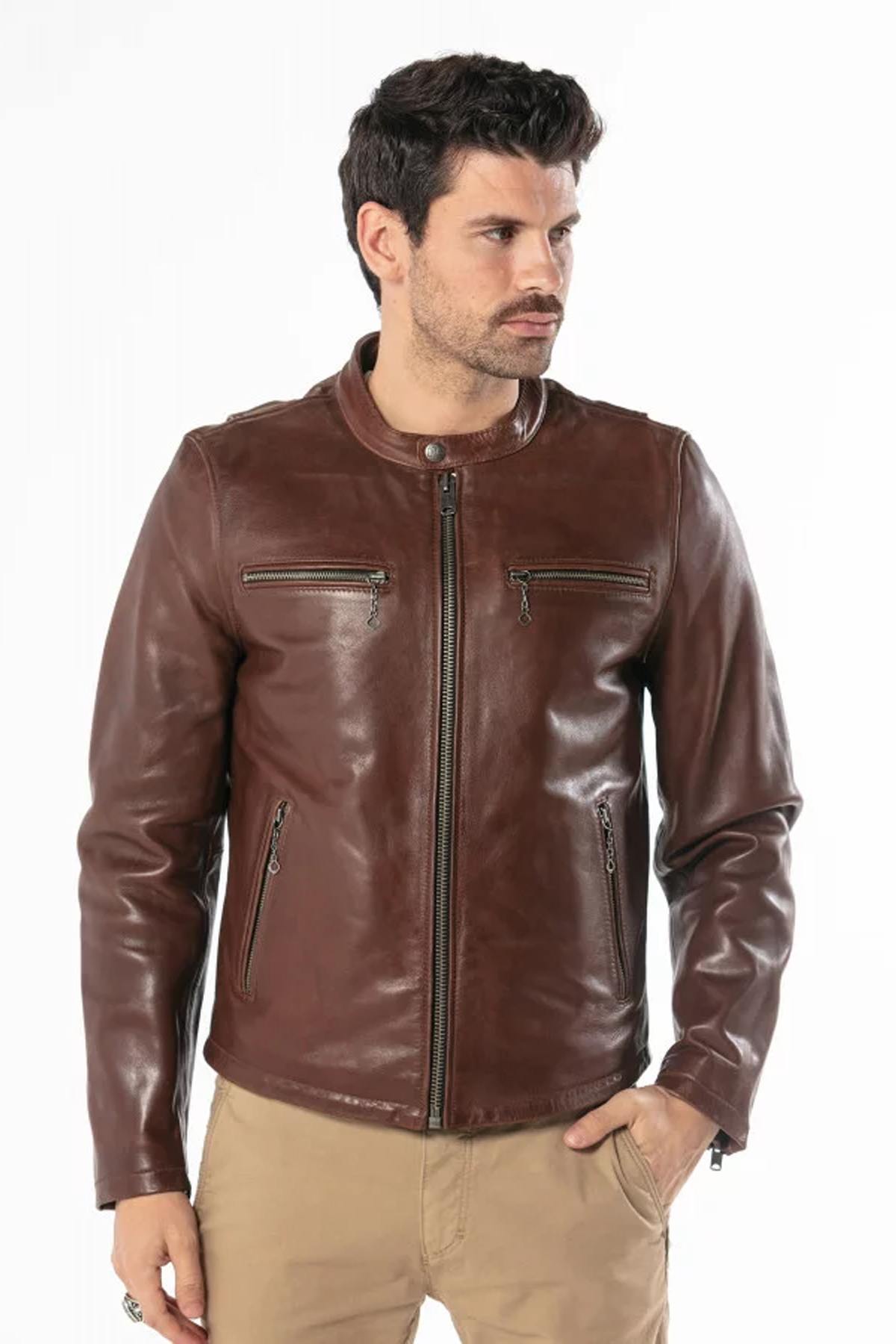 Biker style jacket in cowhide leather - Image n°1